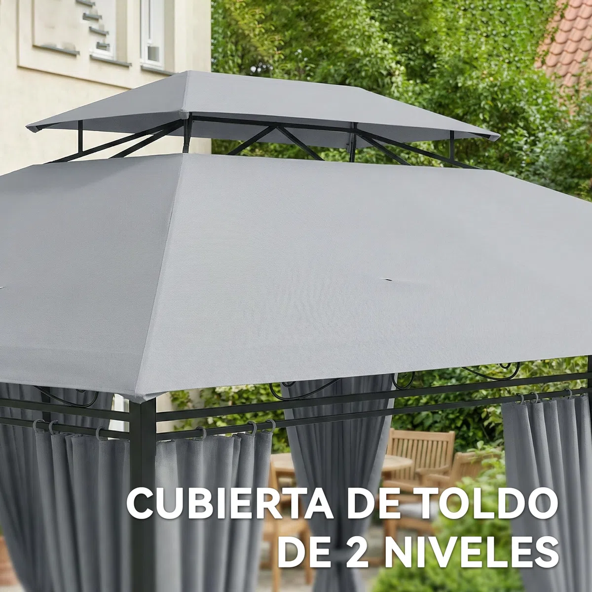 Outsunny Cenador para Jardín 3x4 m, Pabellón de Jardín, Gazebo con Doble Techo, 6 Paredes Laterales, Estructura Metálica, Drenaje, Carpa para Exterior, Terraza, Patio, Gris Oscuro