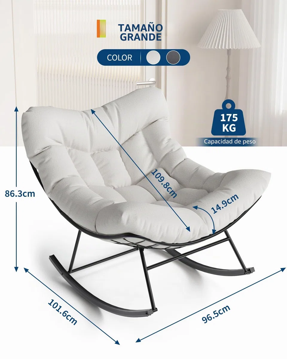 GarveeHome Mecedora de Gran tamaño, con cojín Grueso y Marco de Metal, sillón Relax para Piscina, jardín y Patio Trasero, Capacidad de Carga