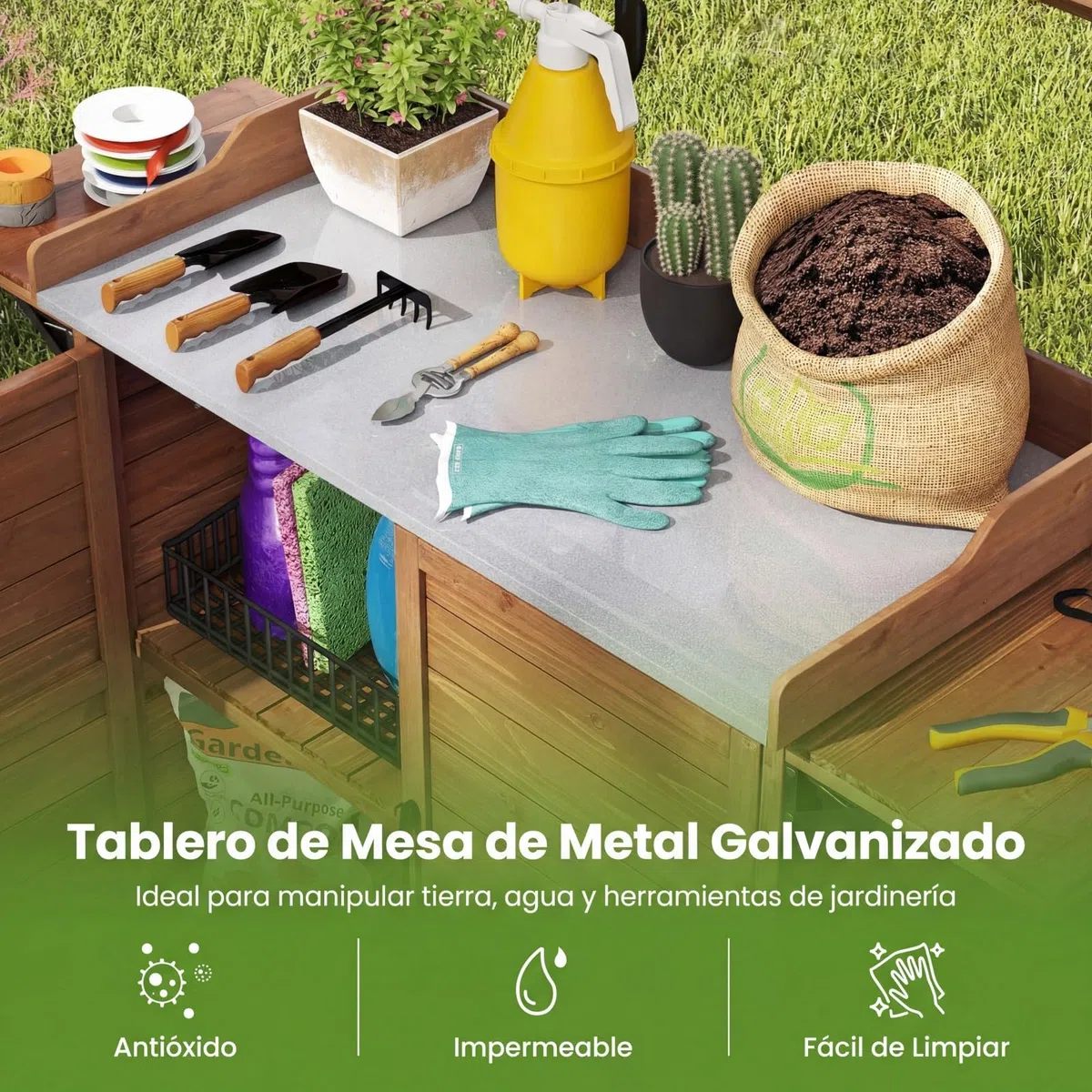 COSTWAY Mesa de Trabajo para Exteriores, Mesa de Jardinería de Madera con Tablero Metálico, Armario, Estantes Laterales Plegables, Estante Ajustable, Banco de Trabajo para Jardinería y Plantación