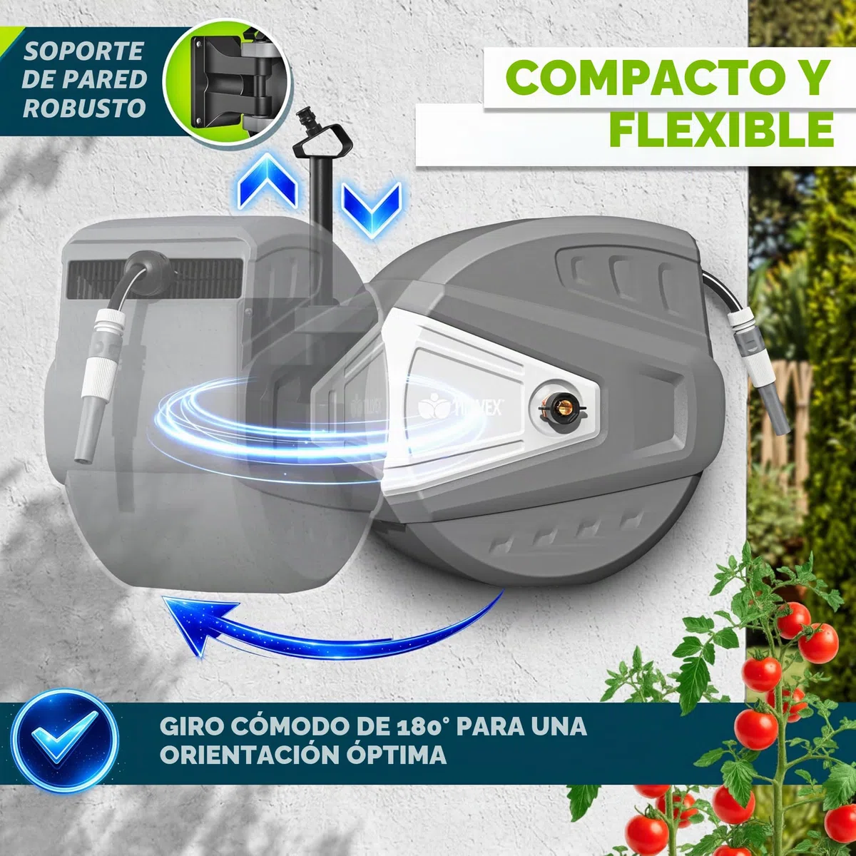 tillvex Carrete para Manguera de agua 20+2m con soporte de pared | Enrollador de manguera con pistola manual y manguera de jardín | Caja de manguera para pared con enrollado automático
