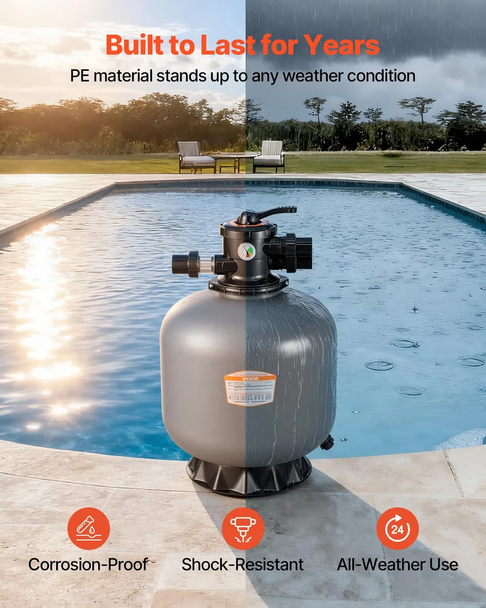VEVOR Filtro de Arena de 535 mm y 189,3 LPM, para Piscinas Elevadas Enterradas, PE, con Válvula Multipuerto de 7 Vías, Retrolavado, Enjuague, Recirculación, Desagüe, Invierno y Modos Cerrados