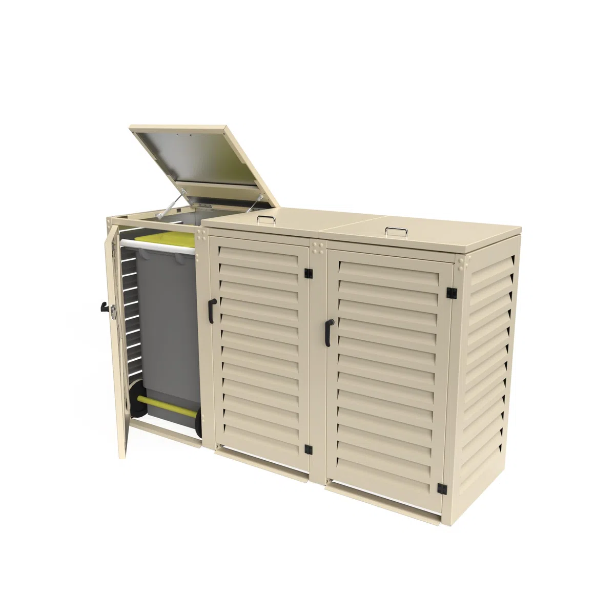 Refugio de basura exterior triple de aluminio termolacado para 3 cubos de basura de dimensiones H. 96 x L 49 x 55 cm (3 x 120 litros) | Crema RAL1015 | Calidad anticorrosión | Fabricación francesa