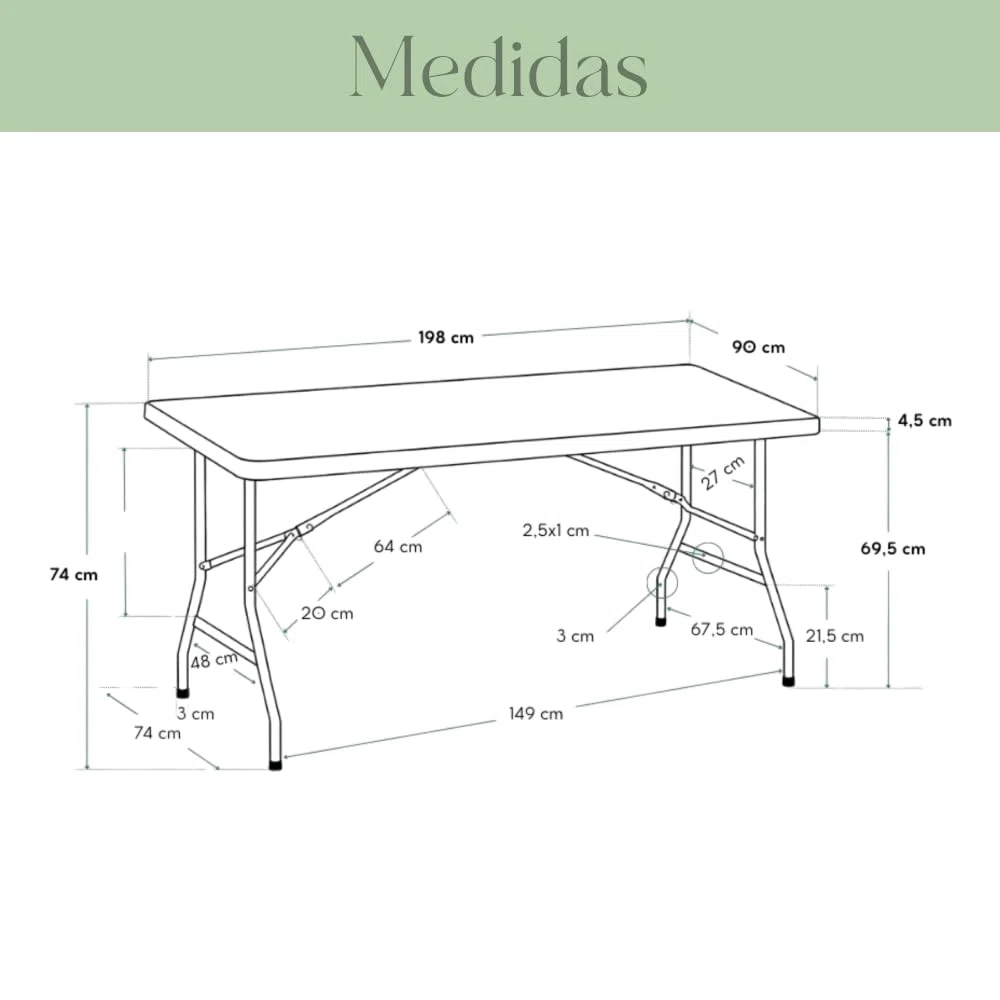 Mesa Rectangular 200 x 90 Cm con Patas Plegables de Exterior, Jardín, Catering, Hostelería y Eventos. Auxiliar para Comedor y Camping. Fácil de Transportar, Portátil y de PVC.