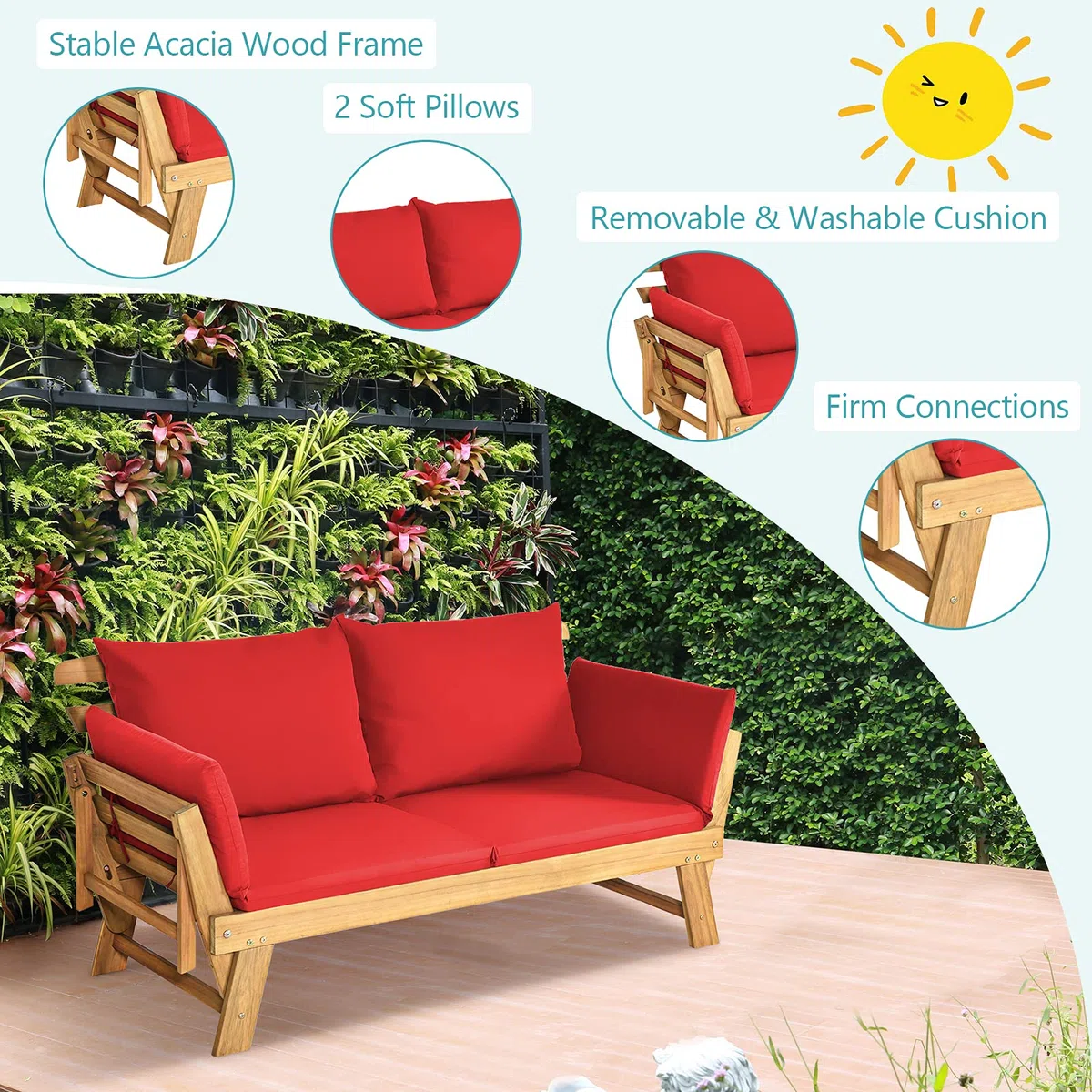 GIANTEX Sofá Cama Plegable de 2 Plazas con Cojines, Sofá Doble Convertible en Cama, Marco de Madera de Acacia, Banco para 2 Personas, para Balcón, Patio, Jardín (Rojo)