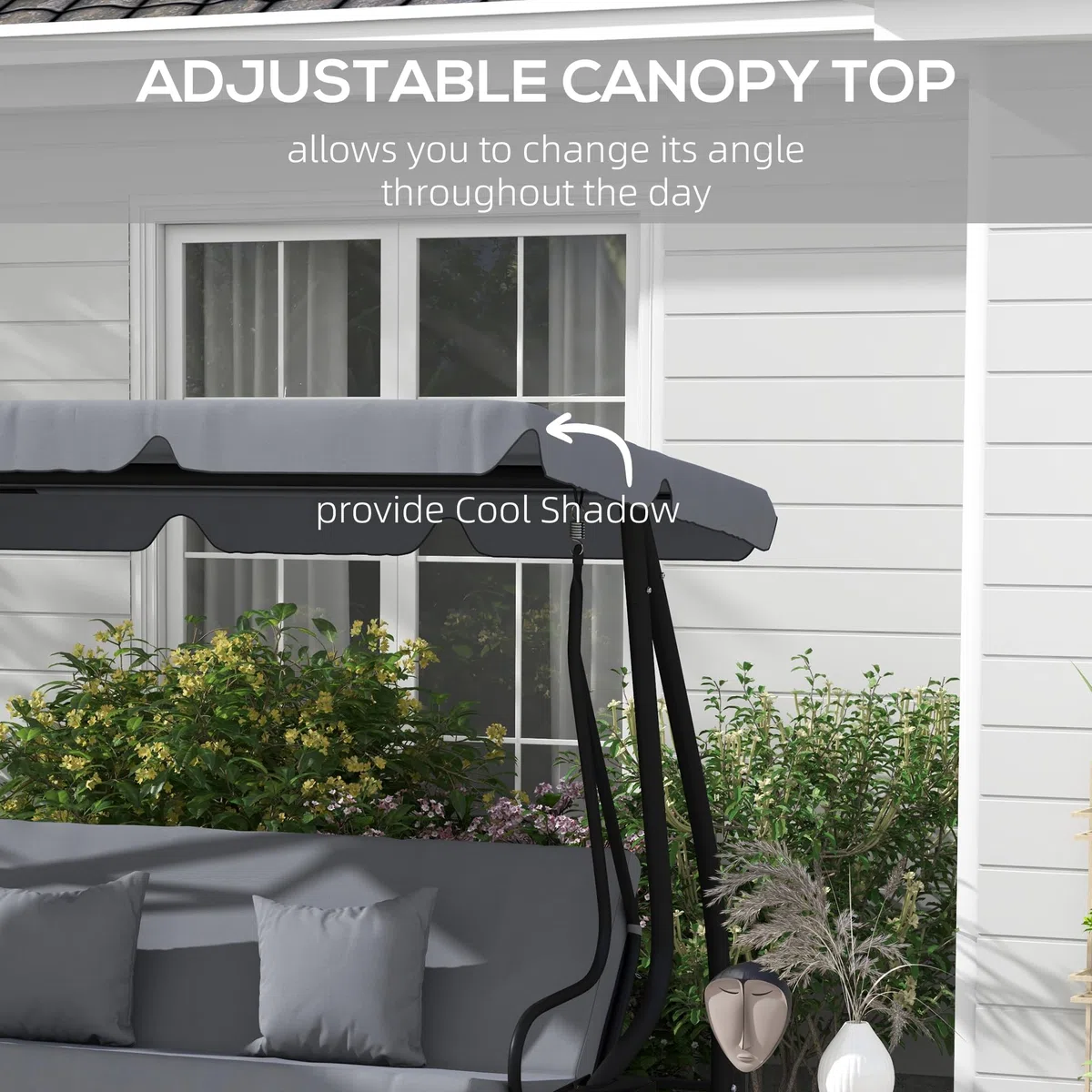 Outsunny 3 Asientos Convertible Jardín Columpio Techo Ajustable Inclinación 2 Estantes Soporte 2L x 1.2l x 1.64H m epoxi Metal Negro Poliéster Gris Oscuro