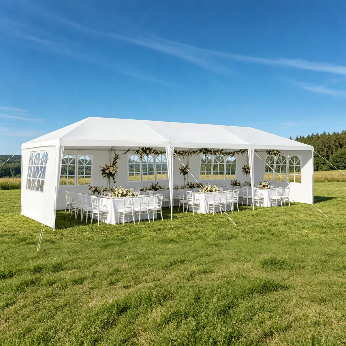 KOMFOTTEU Carpa Plegable 3 x 9 m, Cenador de Jardín con 5 Paredes Laterales Extraíbles y Ventanas, Carpa para Fiesta con Protección UV, Tienda Portátil para Eventos, Bodas, Blanco (3 x 9 m, 5 Paredes)