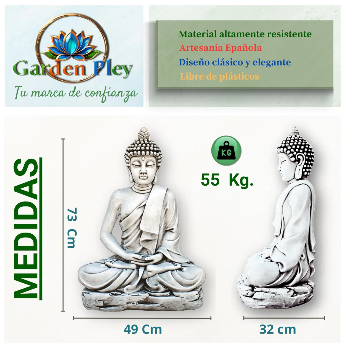 Buda Grande Sereno 73 cm (Ceniza). Budas Grandes de Jardin Zen en Piedra Artificial para Decoracion Jardin Exterior. Figuras y Budas Decorativos. Estatuas Decorativas Feng Shui.