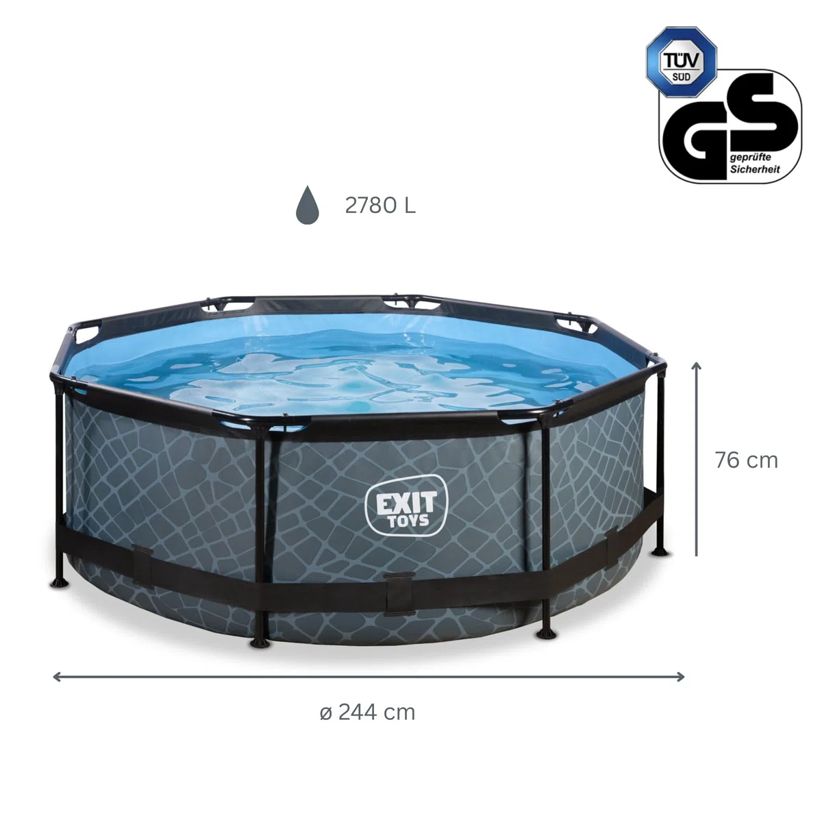 EXIT Toys Stone Pool - ø244x76cm - Piscina de Marco Redondo con Bomba de Filtro de Cartucho - Fácil Acceso - Adecuada para Niños Pequeños - Marco Robusto - Diseño Único - Gris