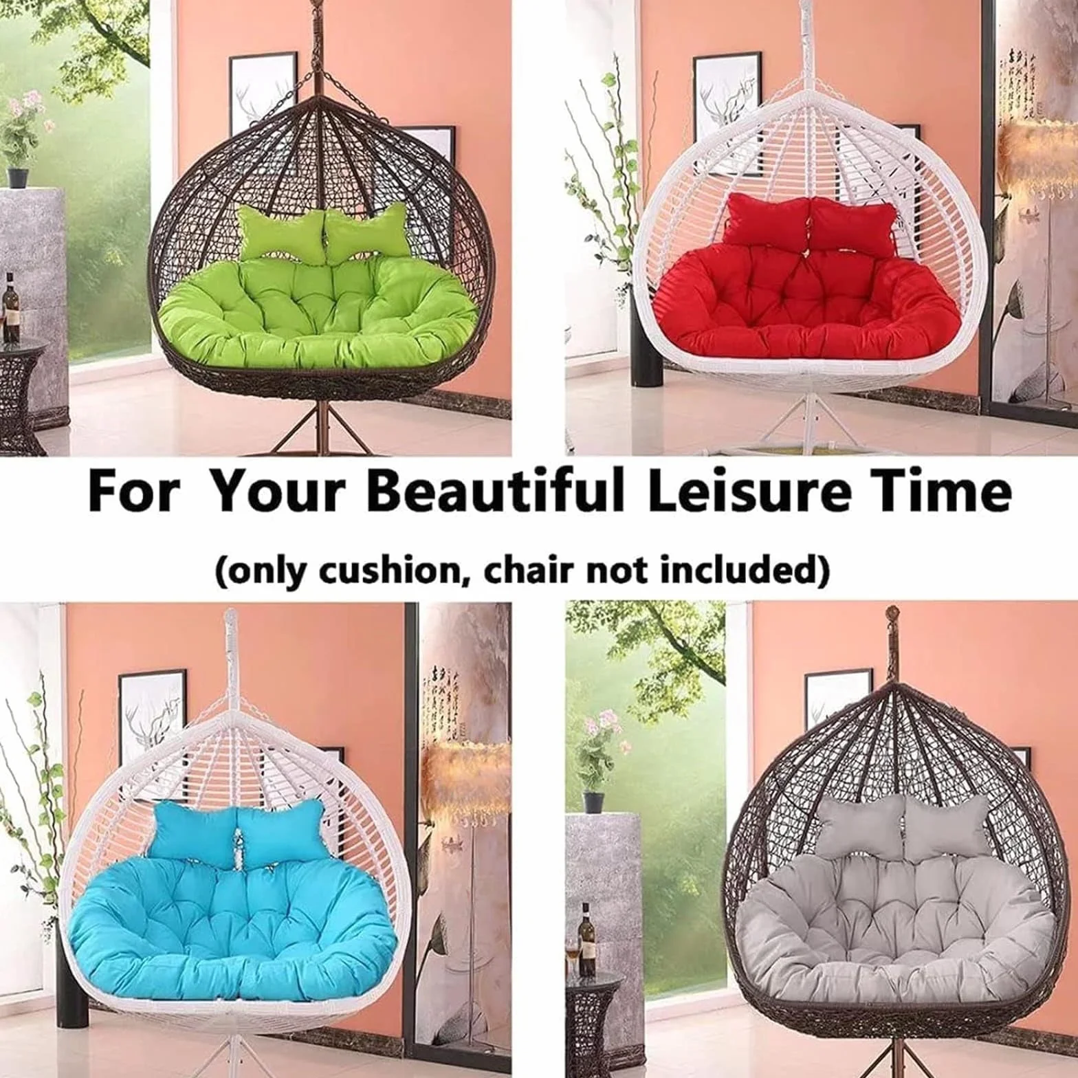 Silla colgante doble de ratán para 2 personas con reposacabezas ajustables y colchón colgante, muebles de jardín para patio al aire libre, color marrón