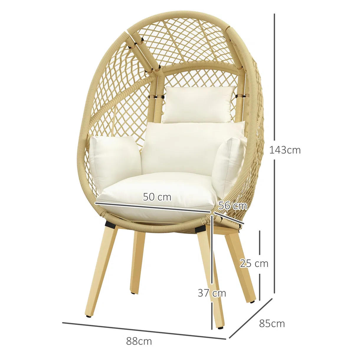 Outsunny Sillón de Ratán Sintético Silla de Terraza en Forma de Huevo con Reposacabezas Acolchado y Cojín Carga 160 kg para Jardín Balcón 88x85x143 cm Natural y Crema