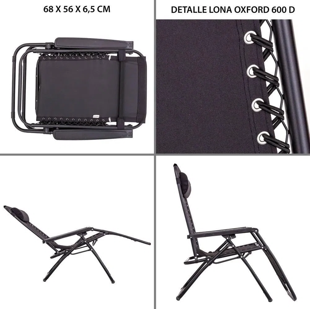 LOLAhome Pack de 2 sillas Gravedad Cero reclinables con Bloqueo de Seguridad Negras de Tejido Oxford y Acero de 95x65x106 cm