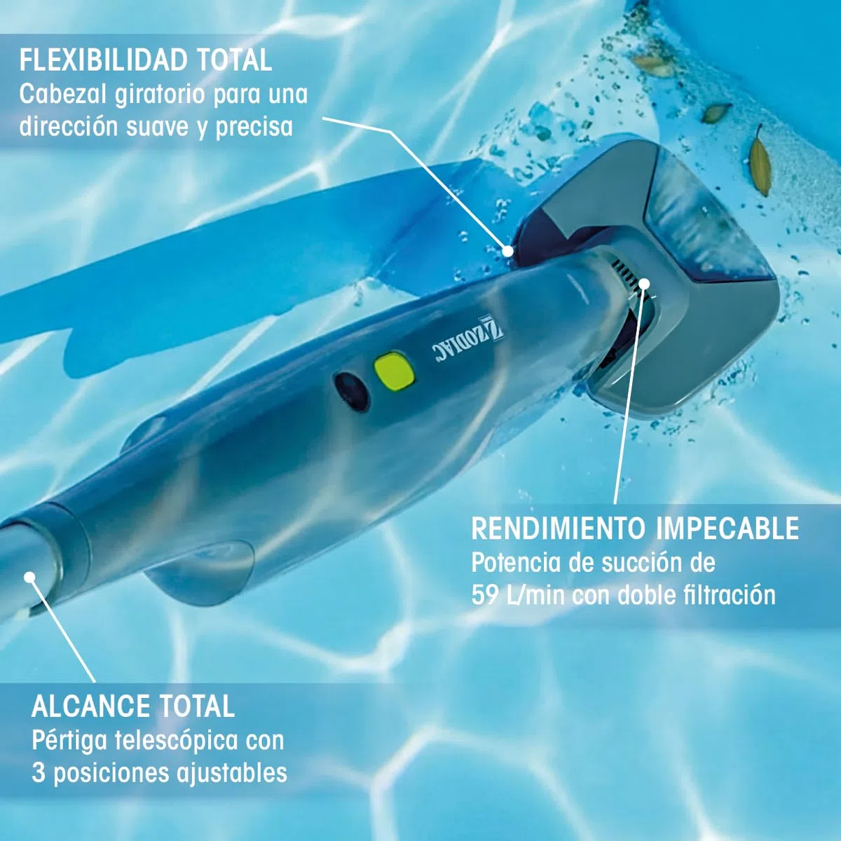 Zodiac Serenit MVH 20 77943 - Aspirador Manual de Piscina con Batería Litio, Cabezal Giratorio y Doble Filtración, Mango Telescópico 3 Posiciones 80/170 cm Adaptado a Escaleras o Zonas Poco Profundas
