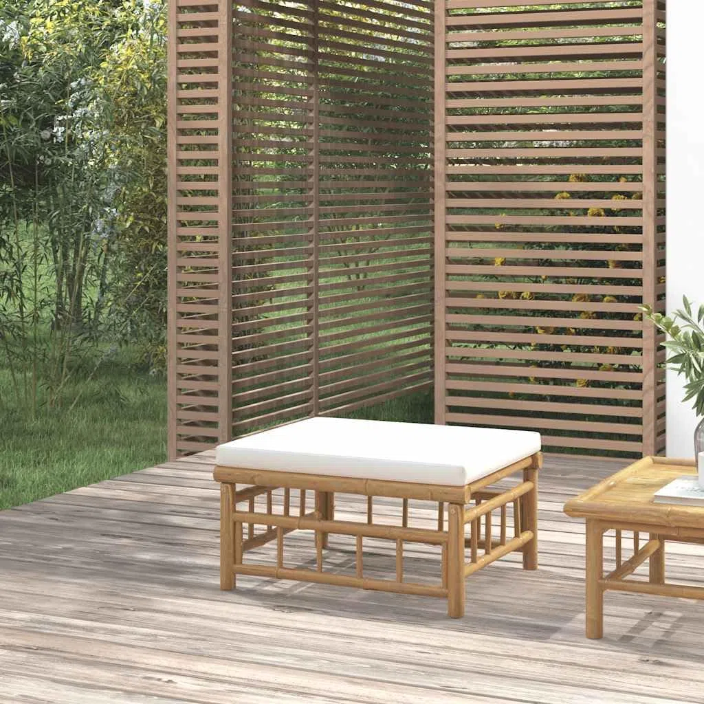 vidaXL Reposapiés de jardín bambú con cojín Blanco Crema, Taburete, otomana, reposapiés de Exterior, reposapiés, Taburete otomana, reposapiés de Patio
