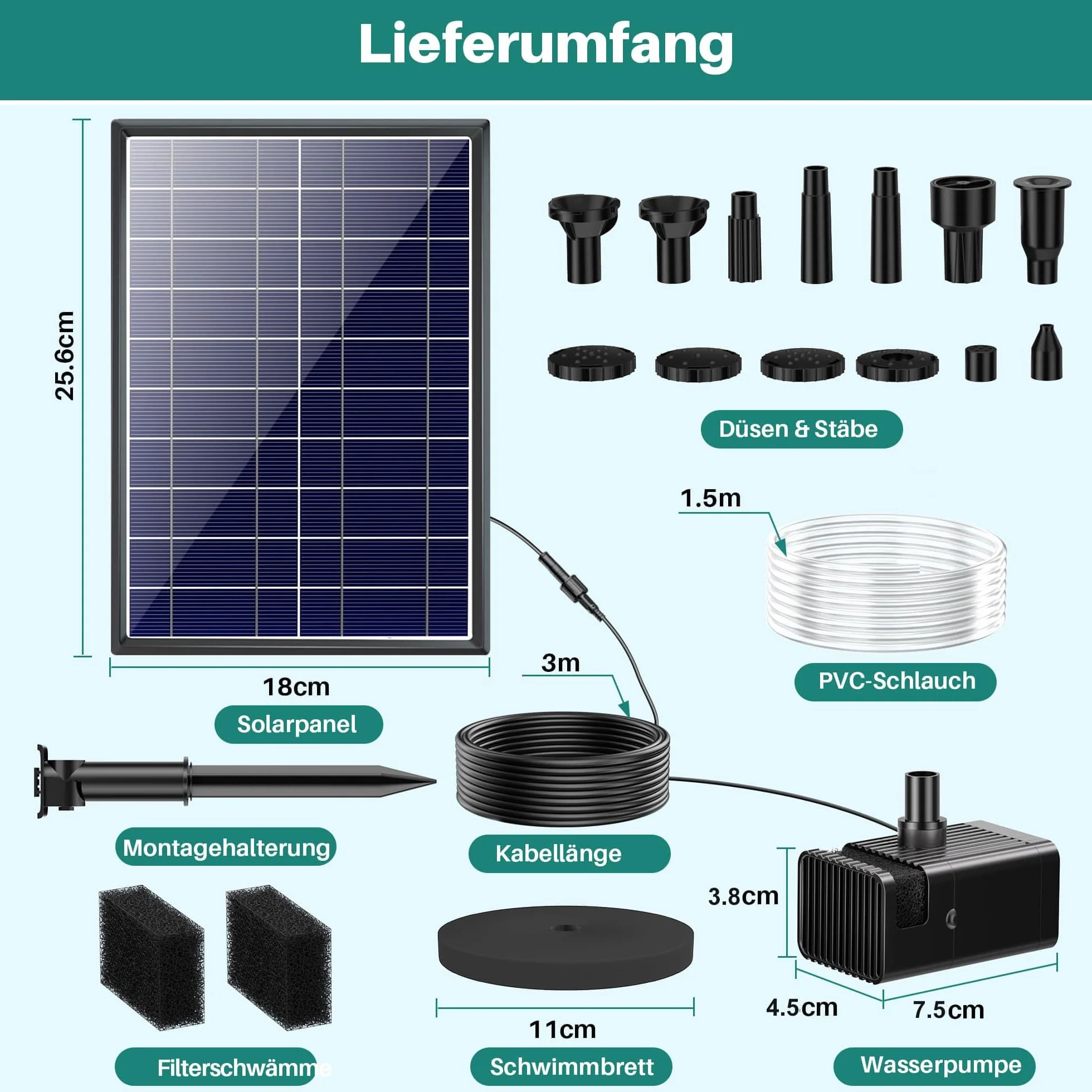 Biling Bomba solar para estanque con batería, 8 W, 300 l/h, silenciosa, con 8 boquillas, fuente solar exterior con manguera de arroyo para estanques de jardín, ventilación de hasta 500 l, DIY Mini