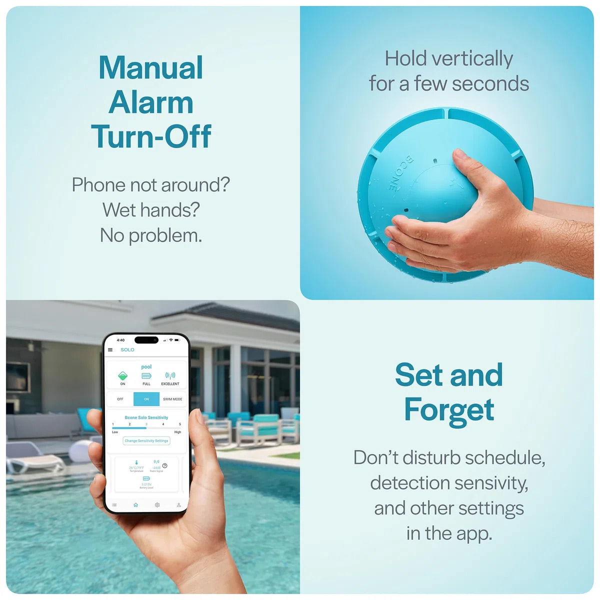 Alarma de Piscina Solo, Alarma Smart Pool con App Bluetooth, para Piscinas Fuera de Tierra y En-Tierra, Sirena Fuerte 110 DB, Impermeable IP68, 3 Años de Garantía, Instalación en pocos segundos.