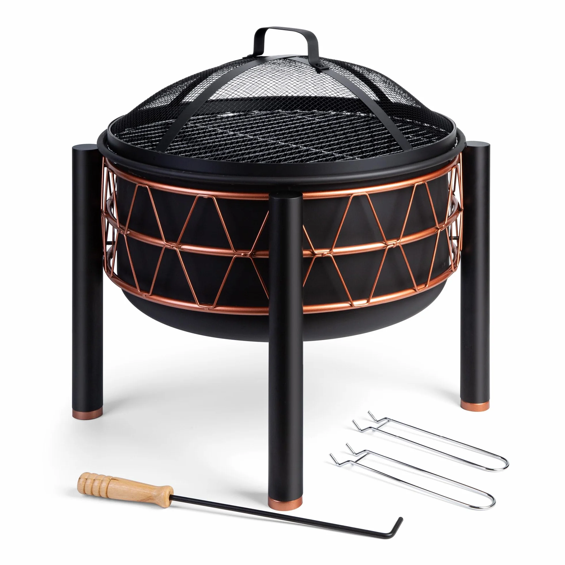 VonHaus Brasero – 2-en-1 con Parrilla BBQ para Exterior, jardín y Patio, en Acero Negro con Detalle Cobre, Incluye atizador y Tapa de Malla, Compatible con leña o carbón