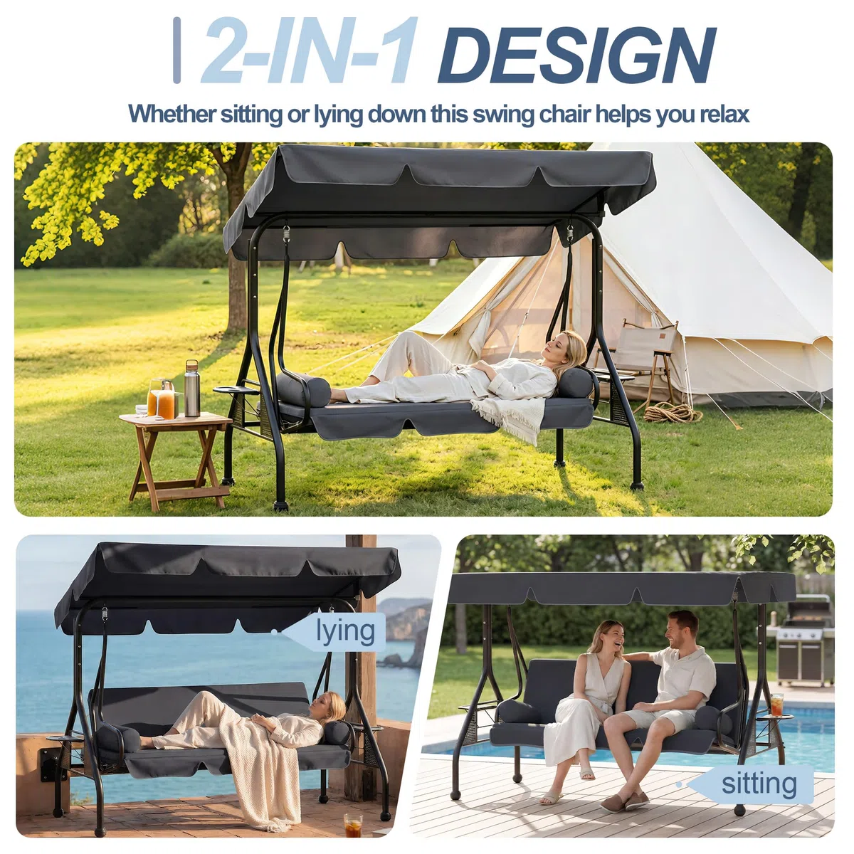UISEBRT Columpio de jardín de 3 plazas con función reclinable, 2 cojines, 2 bandejas, banco para exteriores, soporta hasta 350 kg, para jardín, piscina, terraza, antracita
