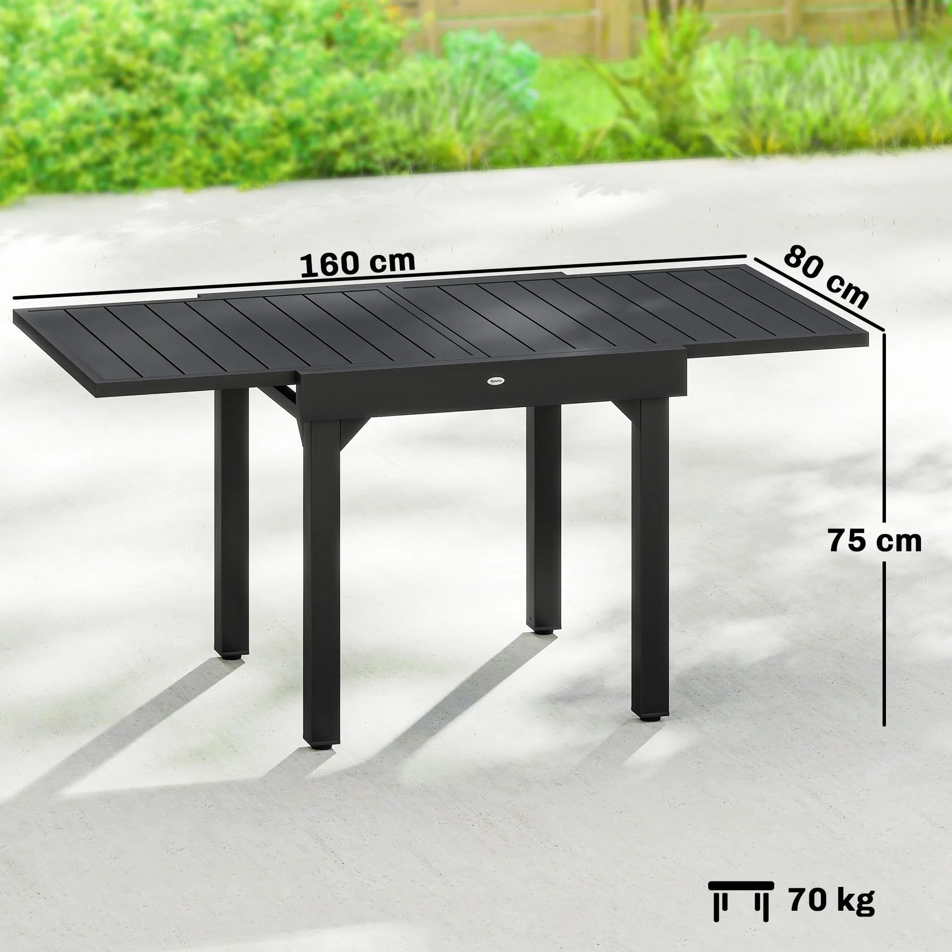 Outsunny Mesa de Jardín Extensible, Mesa de Comedor Exterior Extensible 80/160x80 cm, de Aluminio, con Superficie de Lamas, Carga 70 kg, Mesita Rectangular para 4-6 Personas, para Patio Terraza, Negro