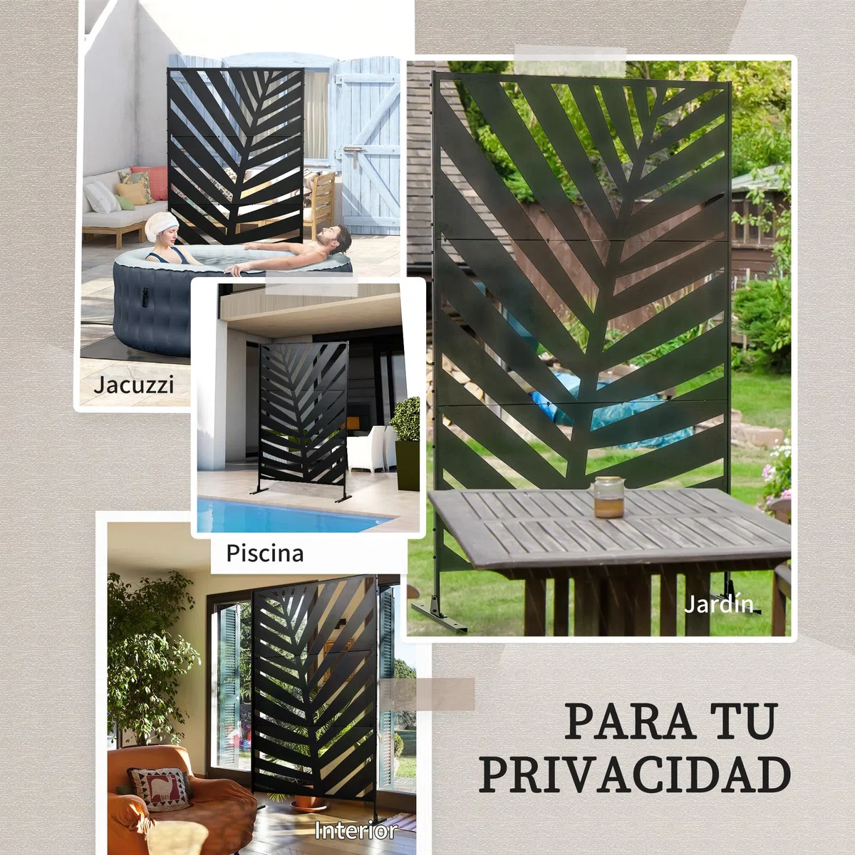 Outsunny Biombo de 3 Piezas Biombo Separador de Ambientes con Diseño de Hoja de Plátano Biombo para Exterior Jardín Patio Terraza 122x45x198 cm Negro