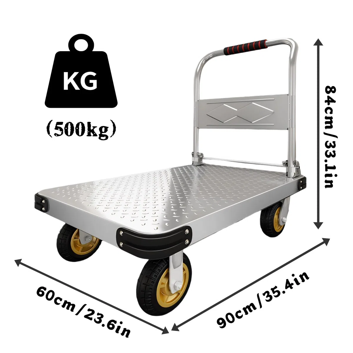 500kg Carro de Plataforma Transporte Plegable con Ruedas | Carretilla Acero, Banda de Goma Anticolisión, Antideslizante, para Almacenes Talleres, Mudanzas, Hogar, Oficina, 90 x 60 cm
