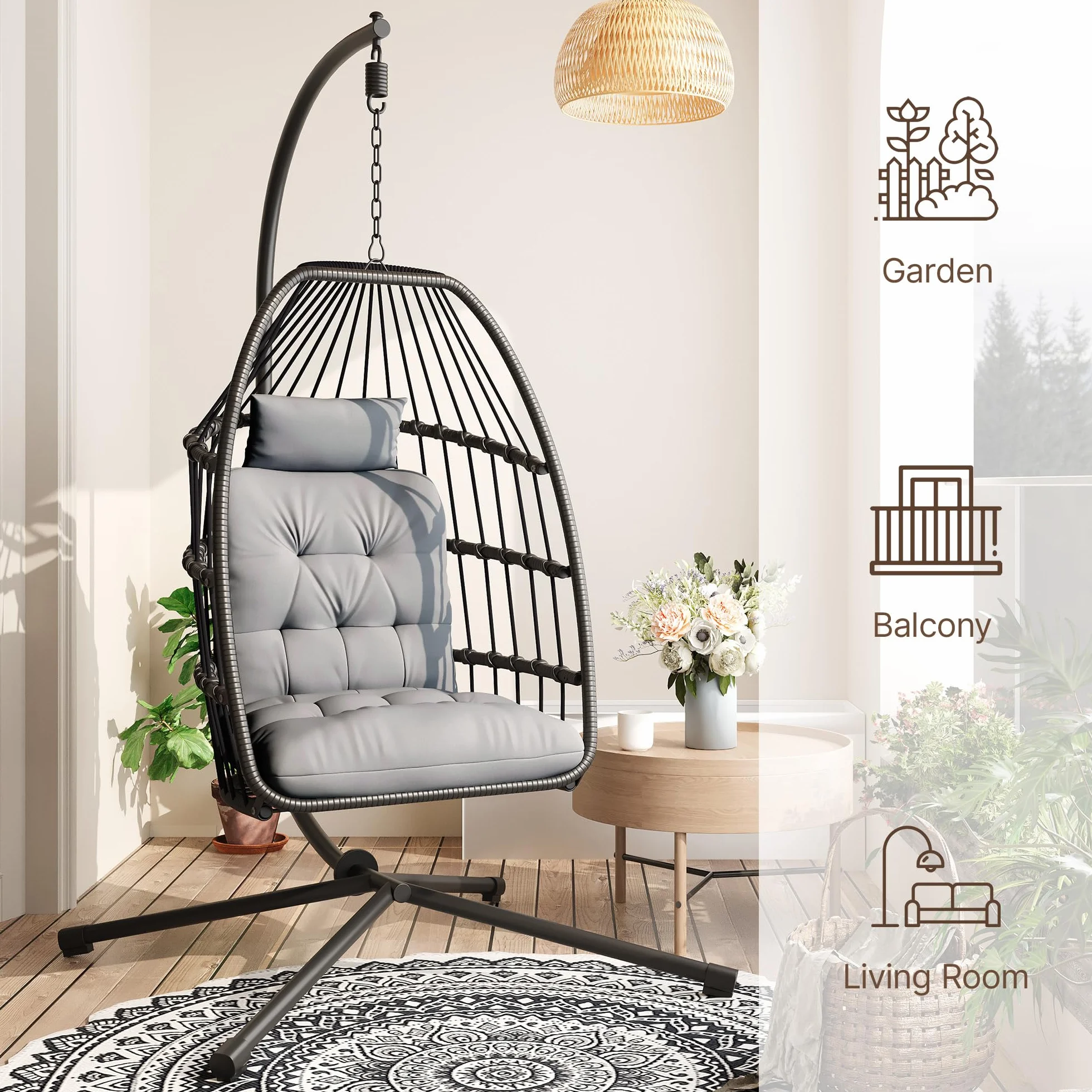 Xbro Silla Colgante de Exterior, Silla Colgante Huevo con Estructura de Acero y 4 Pies en Base, Columpio Jardin Exterior/Interior, Plegable, Capacidad 160Kg - Gris