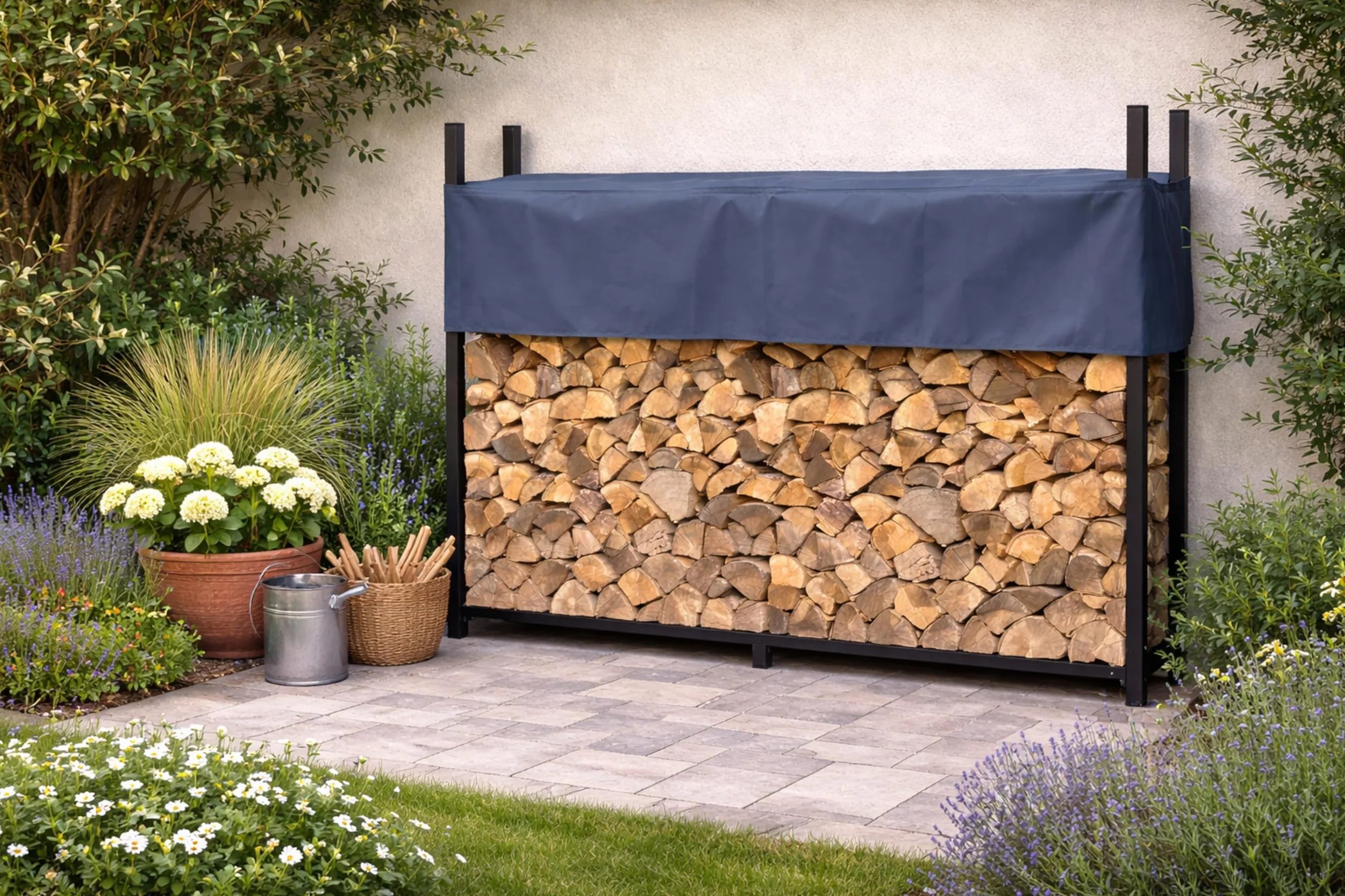 QUICK STAR Estante de leña de Metal Antracita 200 x 25 x 115 cm Refugio de leña para jardín Ayudas de apilamiento en el Exterior con Cubierta Protectora Gris