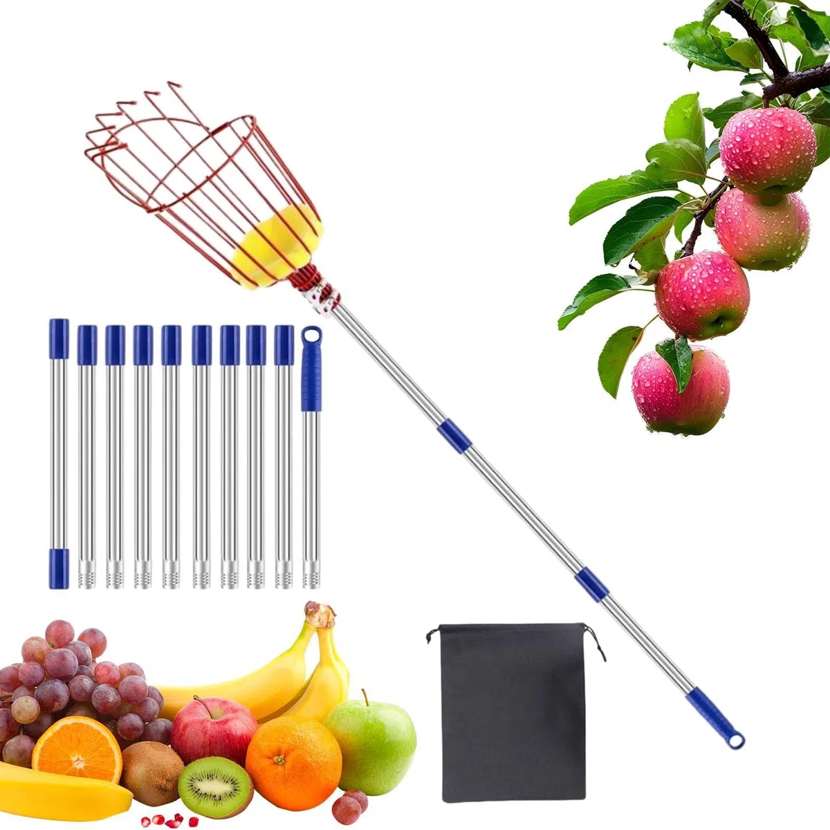 Pértiga Con Cesta Recolector Frutas, Herramienta Portátil De Recolección, Recogedor de aguacates 3,96 m con mango extensible y cesta, Para Huerto Jardín Granja Aguacate Limón Pera Naranja