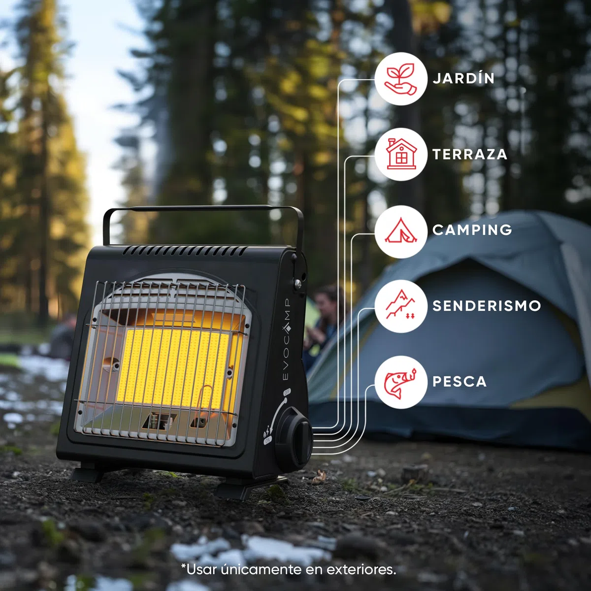 EVOCAMP mini calefactor de gas butano, calefactor portátil para camping de 1,7 kW, calefacción de gas de cerámica para uso en exteriores con sensor de agotamiento de oxígeno (ODS)