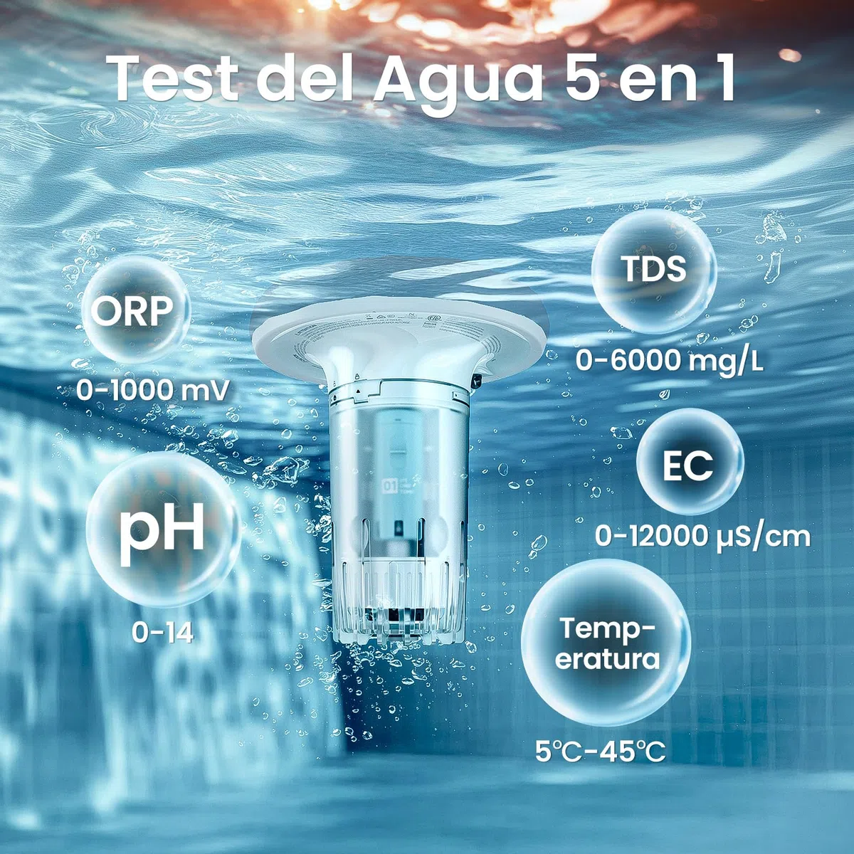 AIPER HydroComm Analizador Agua Piscina Inteligente – Monitor de Piscina con App, Análisis 5-en-1 (pH, ORP, EC, TDS, Temperatura), Supervisión Automática 24/7, Energía Solar + Batería