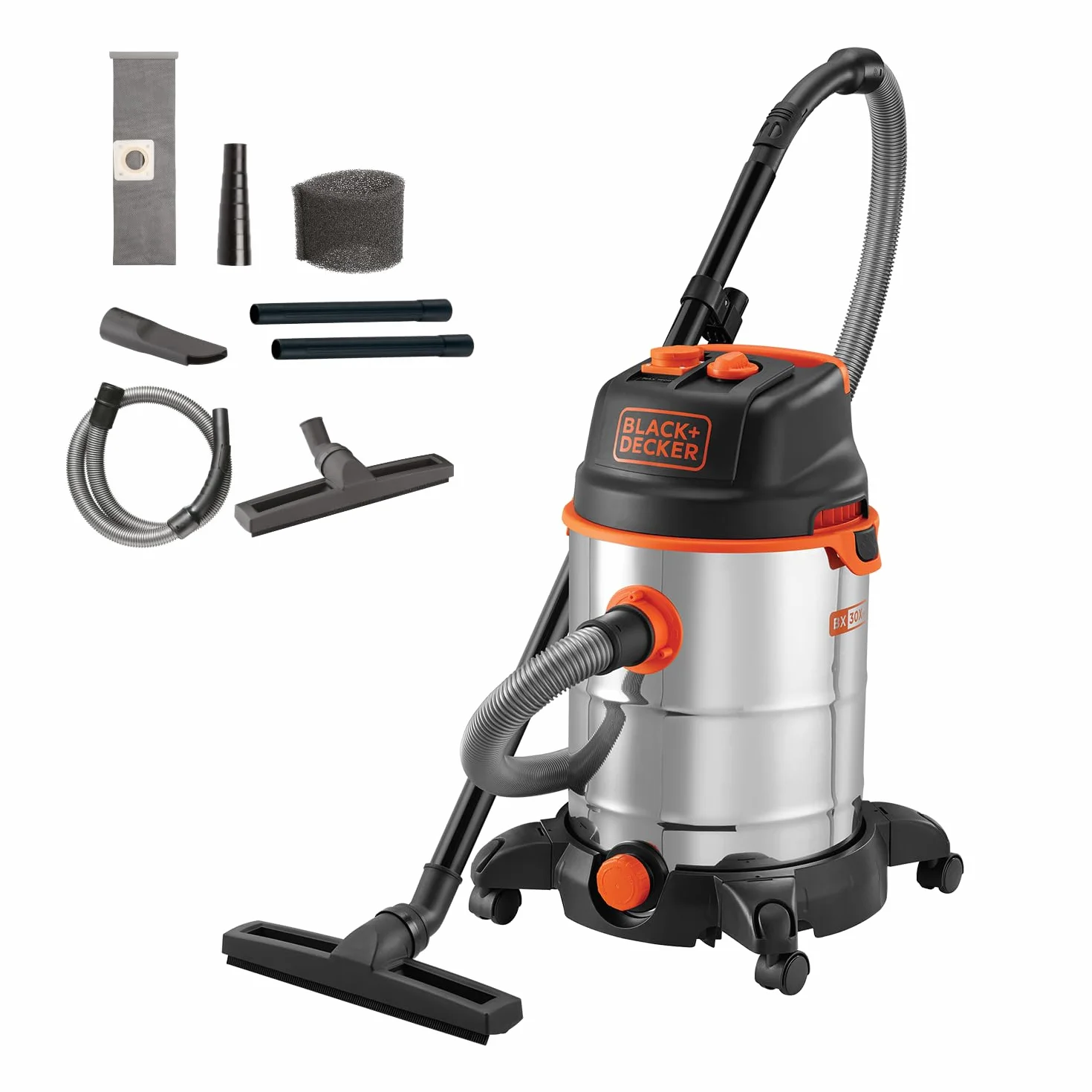 Black+Decker Aspirador Multiuso BXVC30XTDE de sólidos y líquidos con Toma para Herramientas eléctricas integrada (1600 W, 30 l)