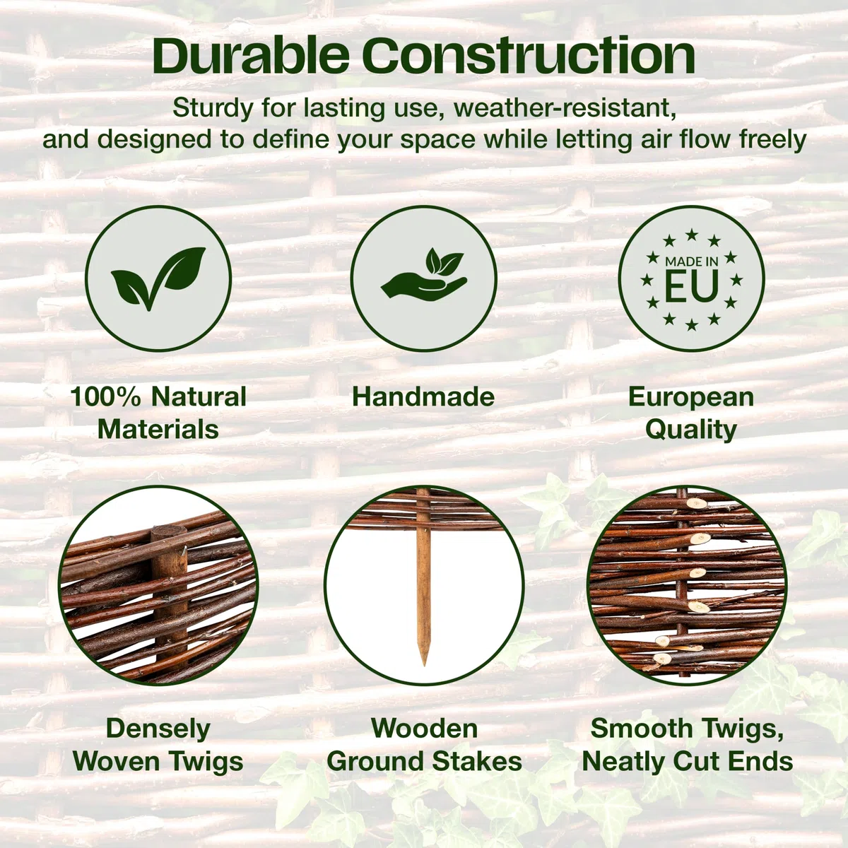 Creative Home Set de 5 Vallas de Mimbre Natural | Tamaño: 60 x 50 cm (+/- 1 cm) | Valla de Jardín para Delimitar Parterres Decorativa | Cerramiento Cercado de Césped | para Jardín Balcón Terraza