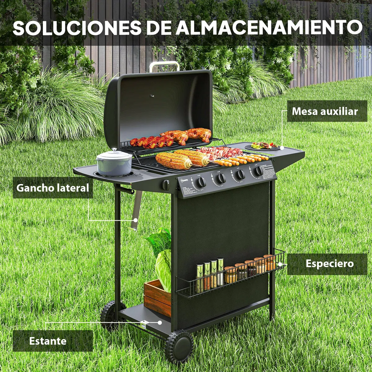 Outsunny Barbacoa de Gas BBQ Gas con 4+1 Quemadores 12 kW Barbacoa Portátil con Estante Especiero Termómetro Mesa Lateral 2 Ruedas Parrilla Recogedor de Grasa para Exterior Jardín Camping Negro