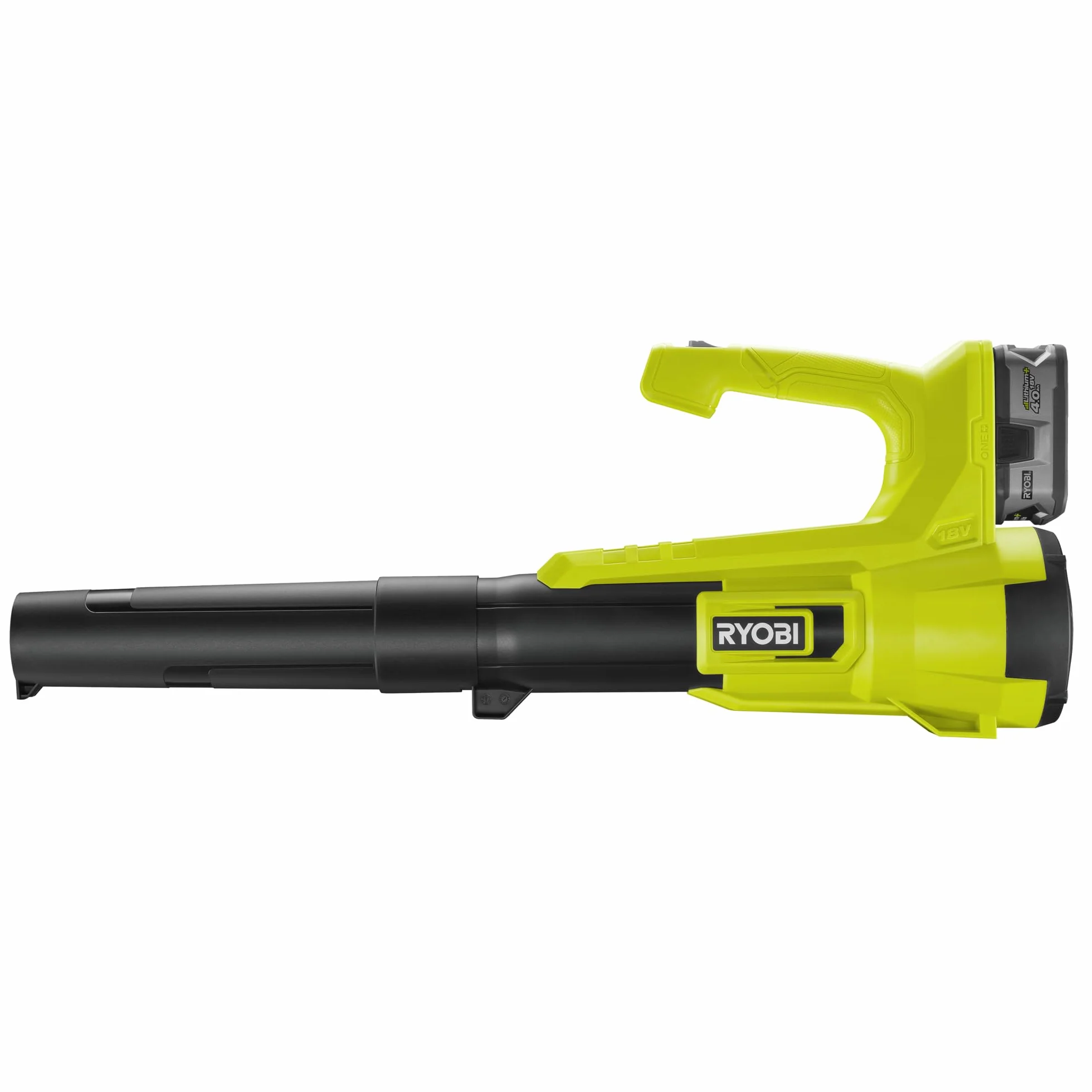 RYOBI - Soplador Eléctrico Inalámbrico Turbo Jet 18V One+ - Limpieza de Pasillos Exteriores, Terrazas, Jardines Pequeños y Medianos - 1 Batería de Litio 4Ah y 1 Cargador Rápido 1,5 A - RY18BLA-140