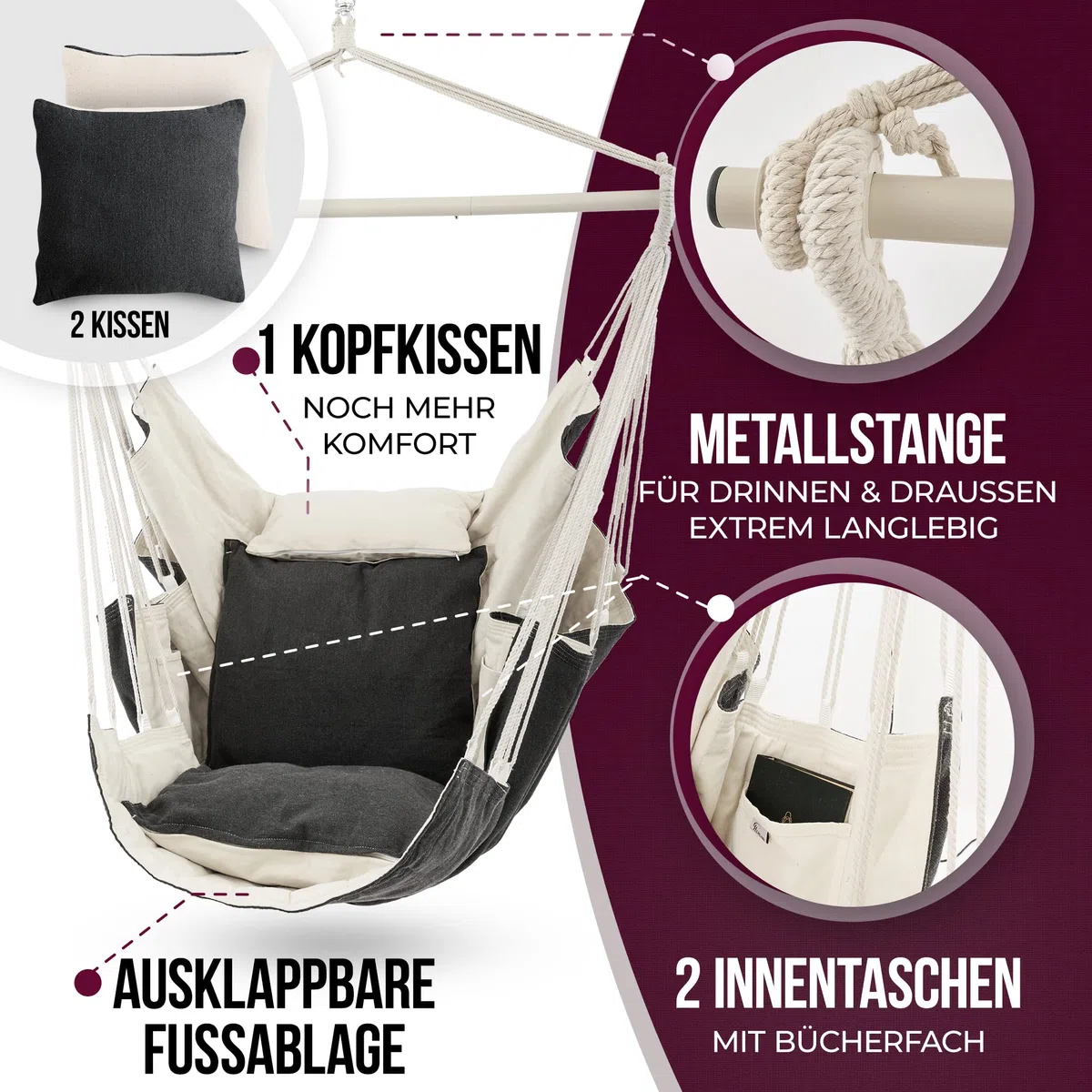 HEIMLING Silla colgante de alta clase para exteriores e interiores XXL [todo incluido paquete con suspensión + 3 cojines] Silla colgante para niños y adultos hasta 150 kg, balcón, terraza