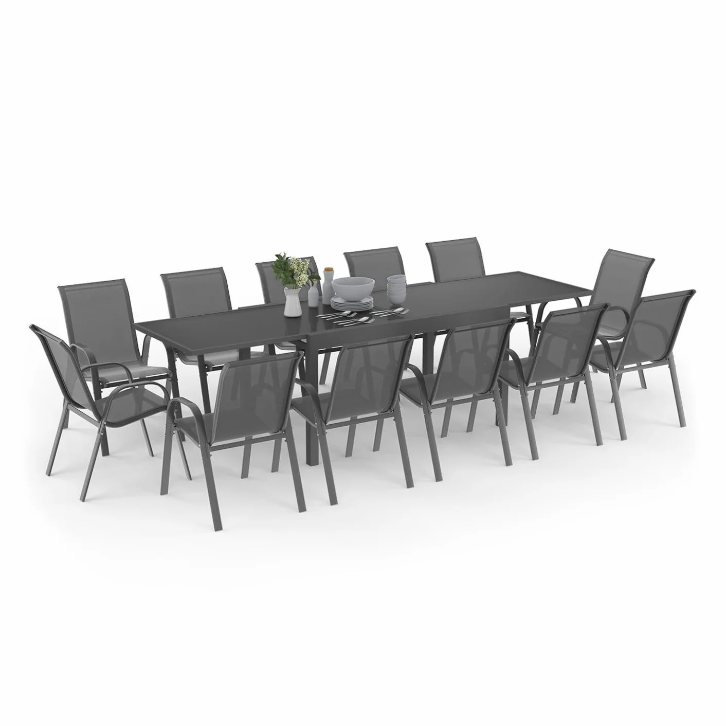 IDMarket - Muebles de jardín Madrid, extensible, mesa gris, 135-270 cm y 12 sillas apilables, gris antracita