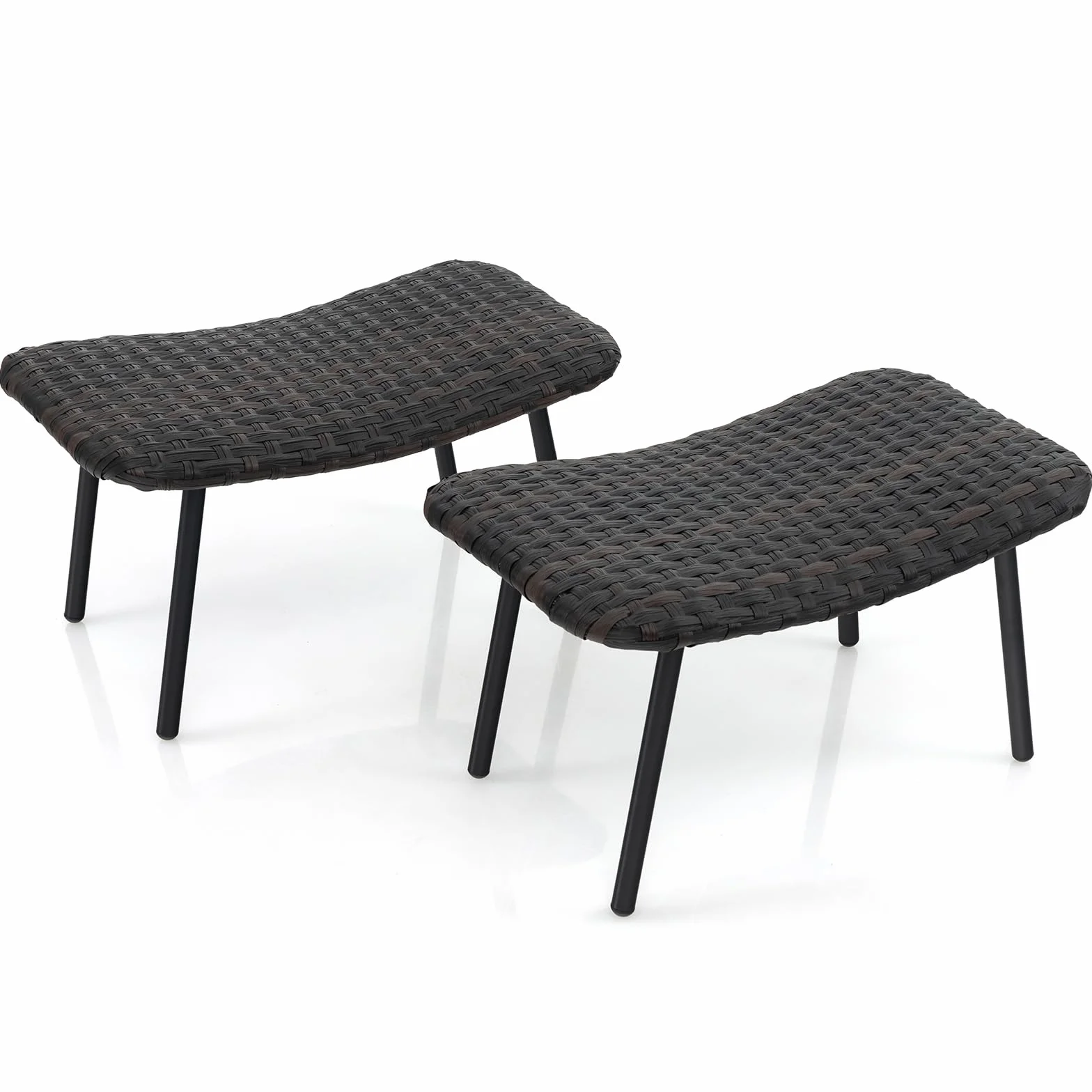 COSTWAY 2 Otomanas Ratán de Patio, Taburetes con Espuma Acolchada, Patas de Metal Resistentes, Reposapiés de Mimbre Exteriores Piscina Patio Trasero, Marrón