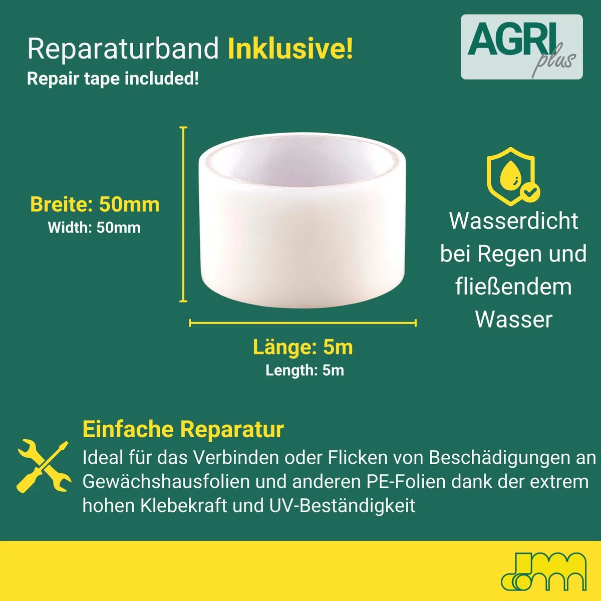 AGRI plus Lámina de invernadero con cinta de reparación, 8 x 5 m, diferentes tamaños, grosor de 0,200 mm, resistente a la rotura y a los rayos UV durante 5 años.