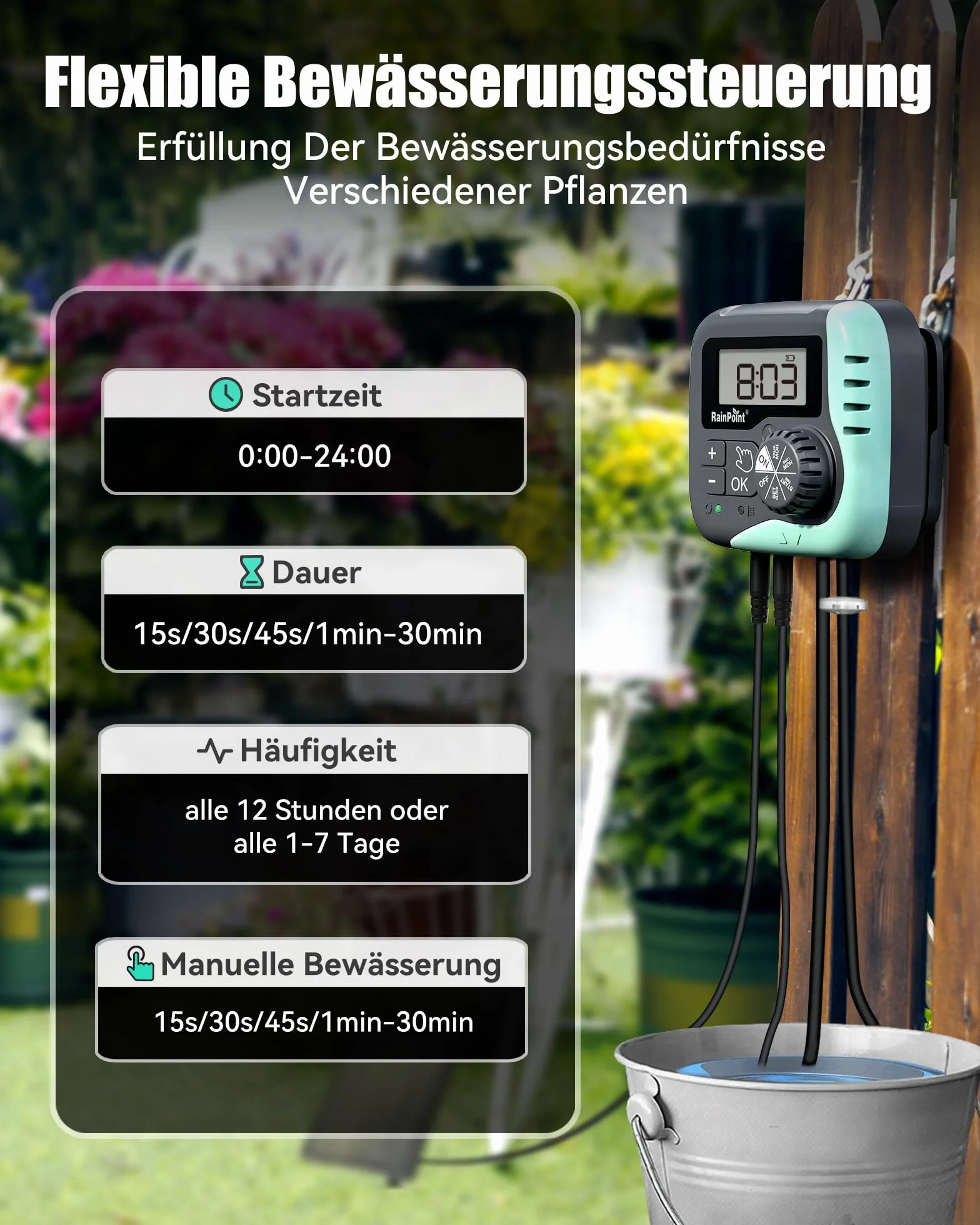 RAINPOINT Kit de Riego por Goteo Automático Solar, Sistema de Riego Automático de 45L/H con Bomba Programable, Batería de 2600mAh, para Macetas Vacaciones, Balcón, Jardín
