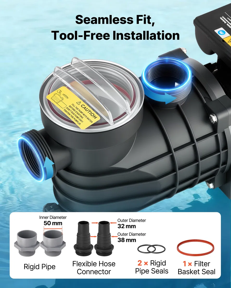 VEVOR Bomba para Piscina Elevada 250 W Caudal Máximo de 11.700 L/H Bomba de Filtración para Piscina de Una Sola Velocidad, CA 220-240 V 2850 RPM, Altura de Elevación Máxima de 8 m, con Filtro y Tapa