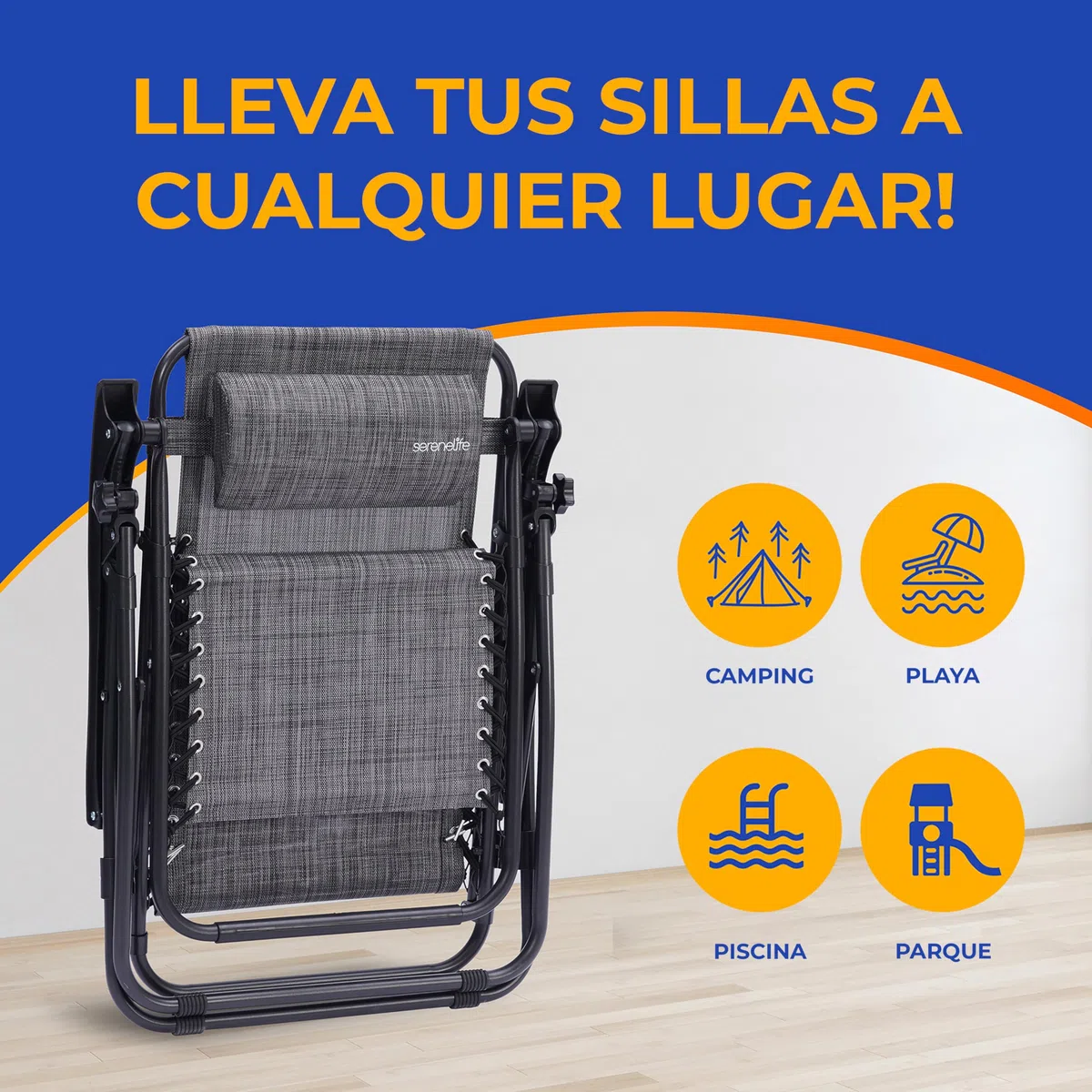 SereneLife sillas reclinables de Exterior, Set de 2, Tumbonas de Malla de Acero, con Almohada Desmontable, Portavasos, Plegables, Ajustables, Portatiles, Zero Gravity, Camping, Patio, Piscina o Playa