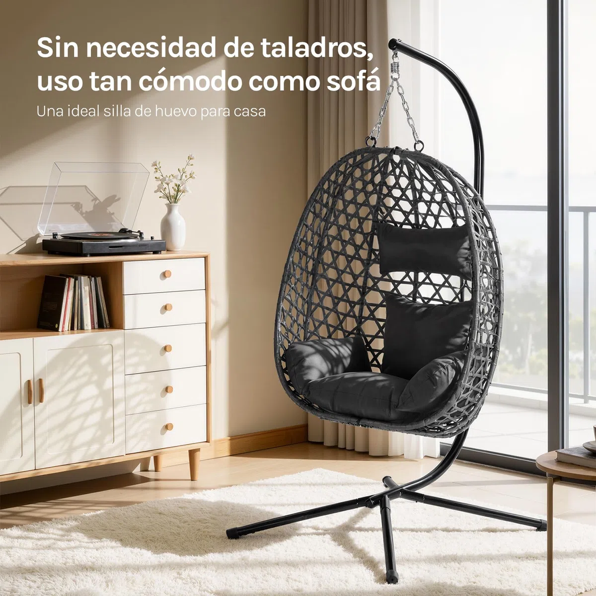 WOLTU Silla Colgante, Hamaca Columpio con Cojín y Reposacabezas, Aspecto Ratán PE y Estructura de Metal, Carga 150 kg, para Jardín, Patio y Terraza, 102x100x196 cm, Negro