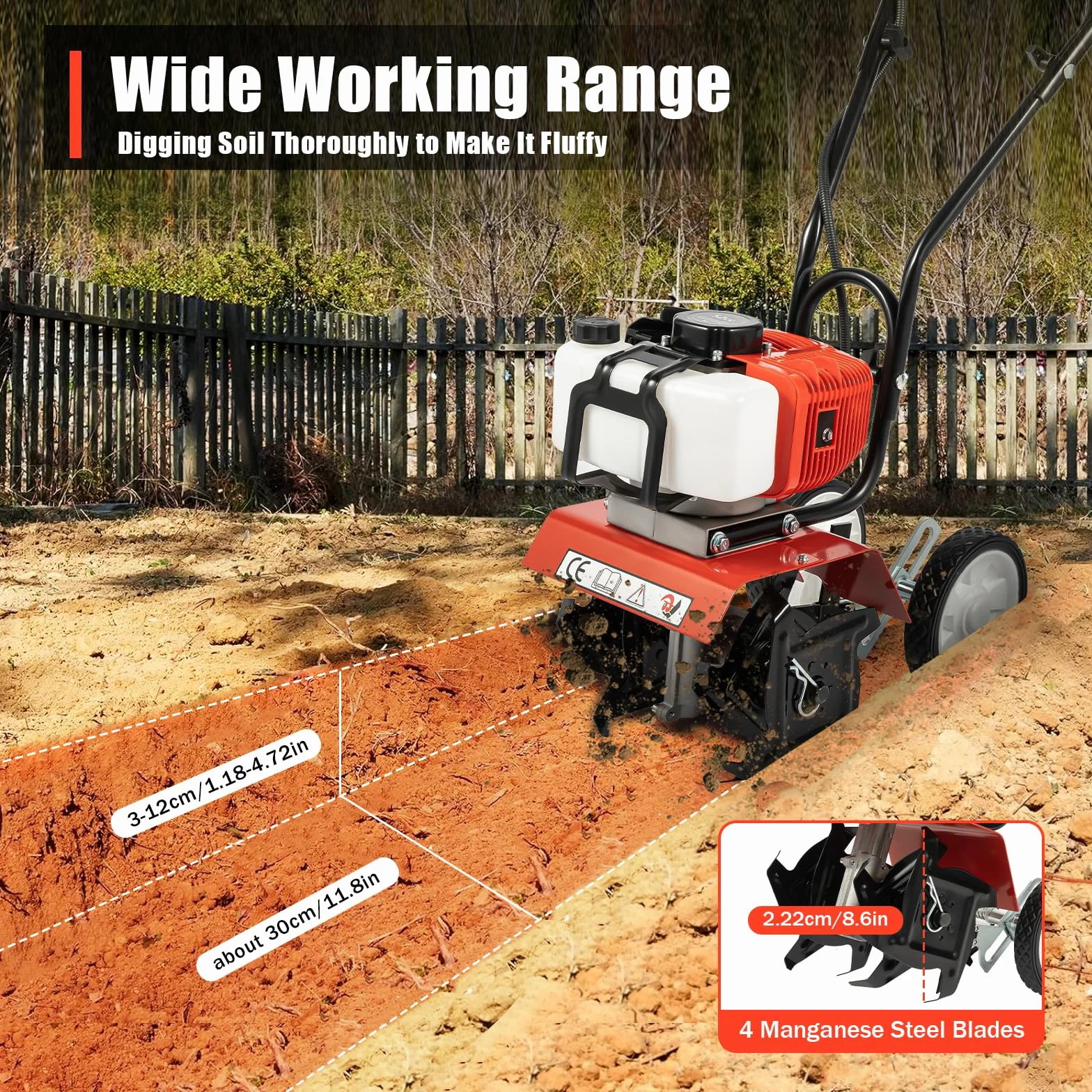 2Stroke - Rotavator cultivador de gasolina de 52 cc para jardín, tierra y verduras, motor de césped, rotovador de gas, herramienta de labrado de granja, 6500 rpm