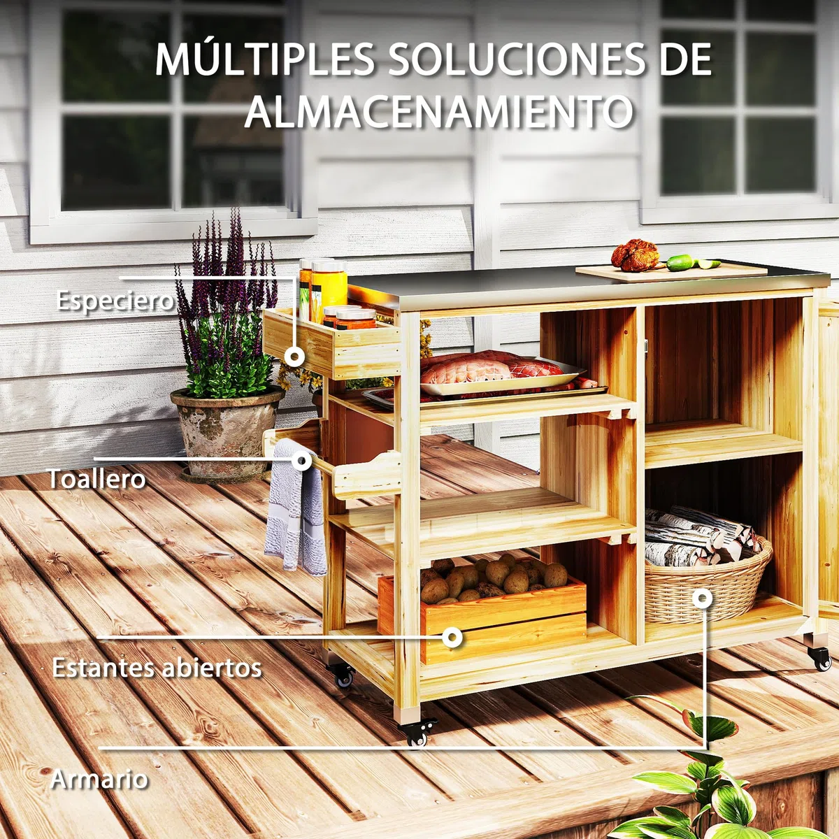 Outsunny Carrito de Parrilla Carrito de Barbacoa con 4 Ruedas Carro de Servicio de Madera Encimera de Acero Inoxidable Toallero y Especiero Estantes Armario para Patio Jardín 134,5x50x91,5 cm Natural
