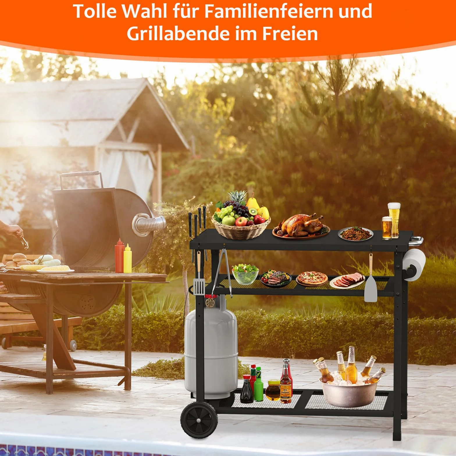 Carrito de barbacoa multifuncional, 3 niveles, carrito de cocina con soporte para toallas de papel y ganchos, mesa auxiliar para exteriores (negro)