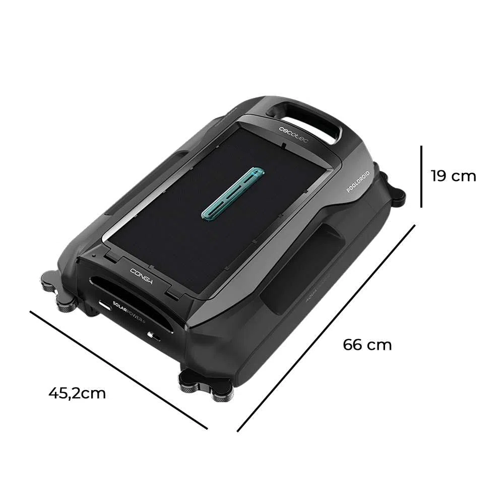 Cecotec Robot Limpiapiscinas para Superficie y Línea de Flotación Conga Pooldroid AquaSkater. Carga Solar, Autonomía 16h, Cesta de 4,5L y un Filtro de 187,5μm, Navegación Sensores Ultrasónicos