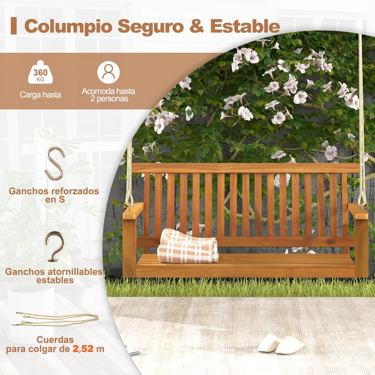COSTWAY Banco Columpio Madera Acacia Exterior, 2 Plazas, Banco Balancin Jardin Exterior, Carga 360kg, Apoyabrazos y Respaldo, Columpio Jardin Exterior Patio Balcón