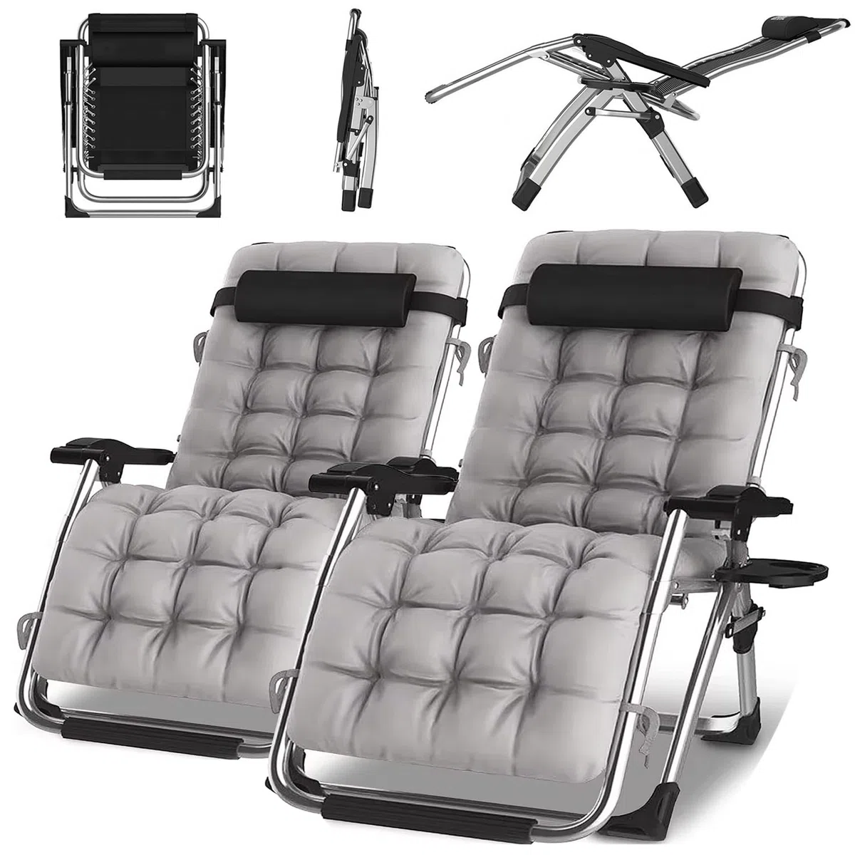 Pack-2 Tumbona Plegable para jardín, sin instalación, Tumbona de Relax con cojín, con Soporte para Bebidas, Transpirable, para Interior de jardín, sillas de Camping (Gris, 77cm)