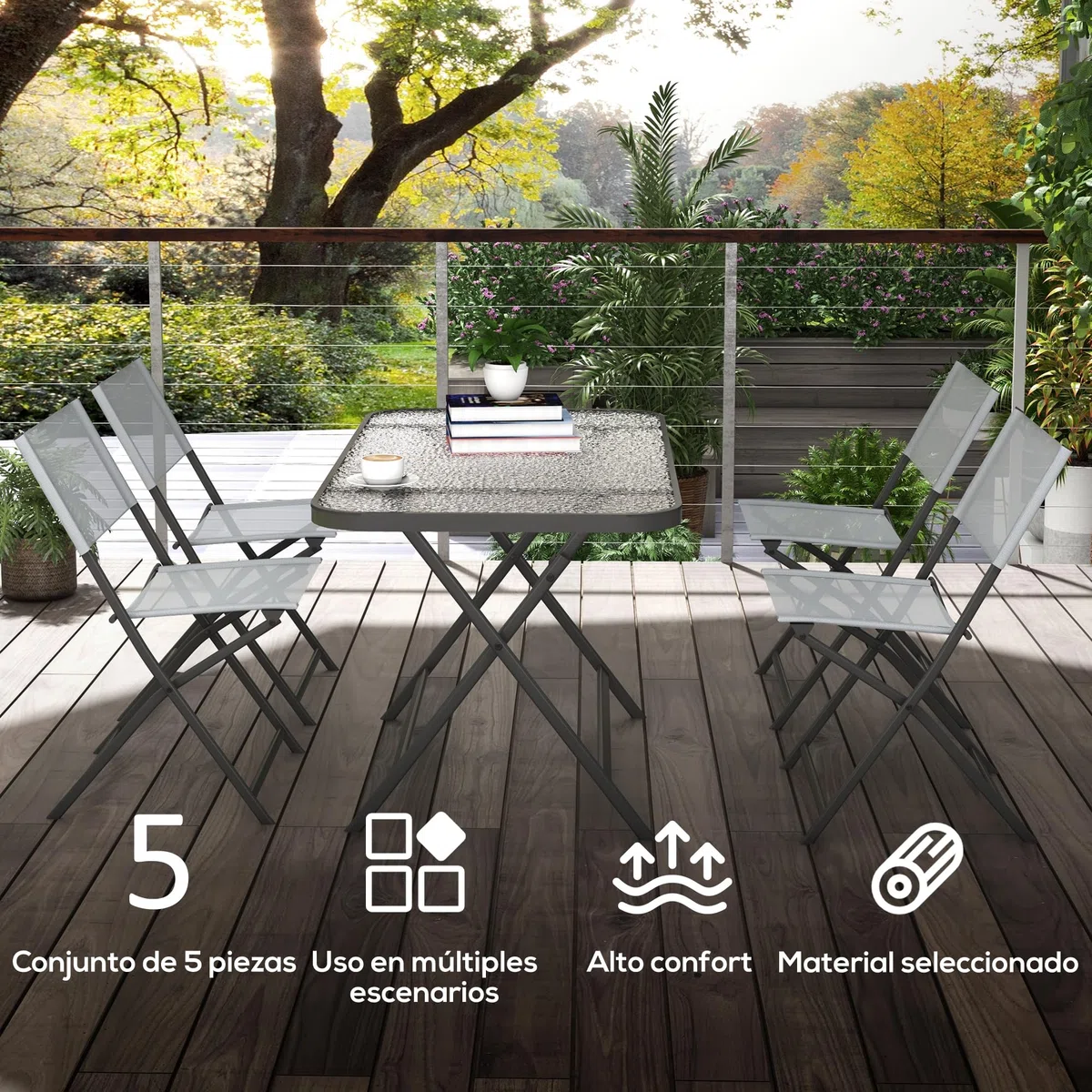 Outsunny Conjunto de Jardín Conjunto de Comedor de Exterior de 5 Piezas Incluye 1 Mesa de Vidrio Templado y 4 Sillas Plegables Estilo Moderno para Terraza Patio Gris