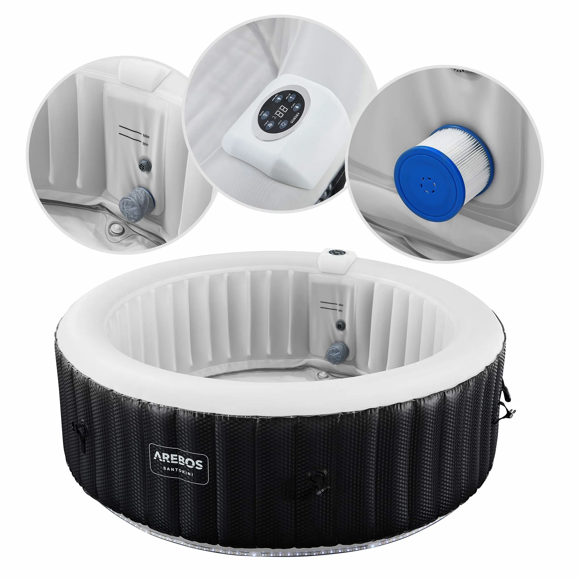 Arebos SPA Hinchable | Inflable automático | para Interior y Exterior | ⌀ 208 cm | 6 Personas | Banda Luminosa LED | 130 boquillas de Masaje | 1000 L | Incluye Cubierta | Bubble SPA & Wellness Masaje