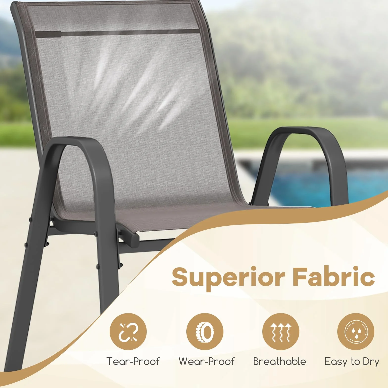 KOMFOTTEU Juego de 2/4 Sillas de Jardín, Silla Apilable Terreza Exterior de Tela con Marco de Metal, Sillón de Comedor con Reposabrazos y Respaldo Alto, Carga 150kg, 56 x 70 x 84 cm (2, Gris)